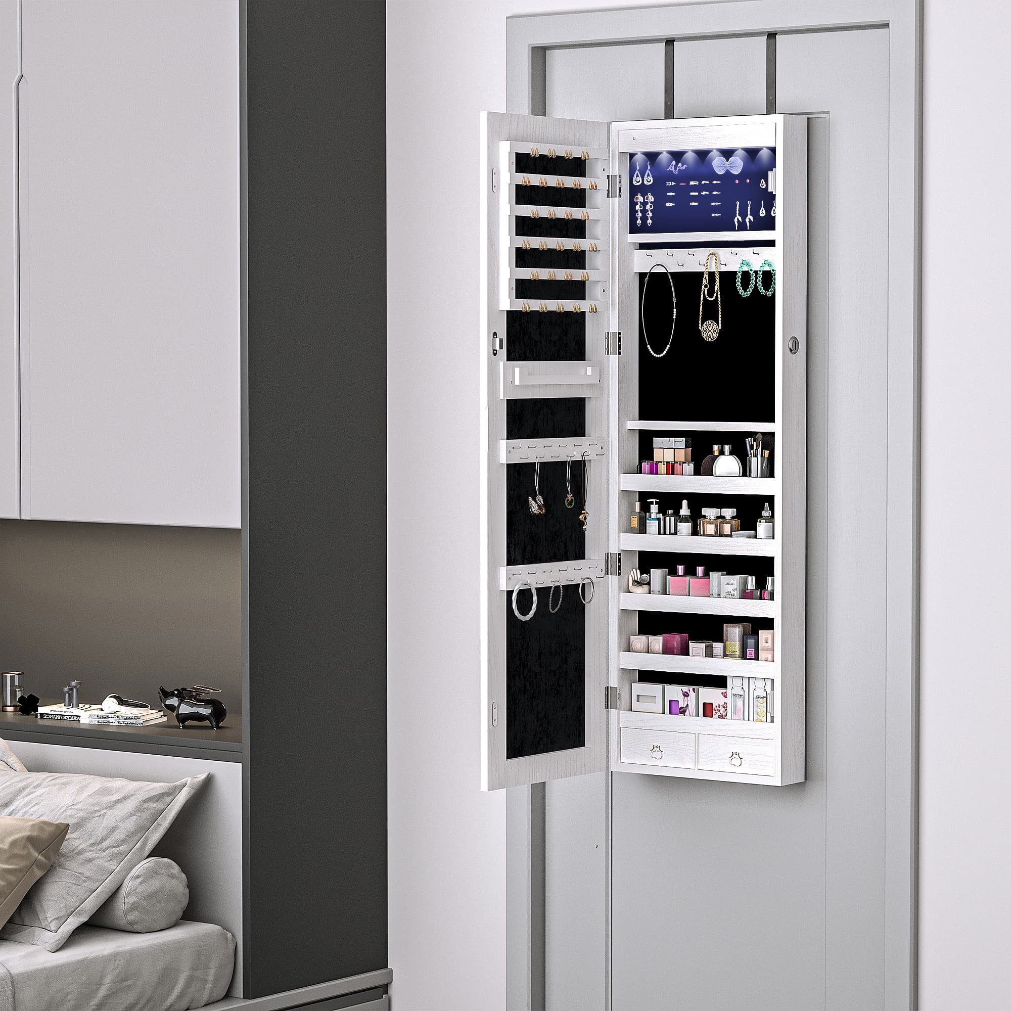 HOMCOM LED Lighted Mirror Jewelry Cabinet Wall Door Mounted Storage Organizer Armoire Wood Grain Gray | Aosom Canada