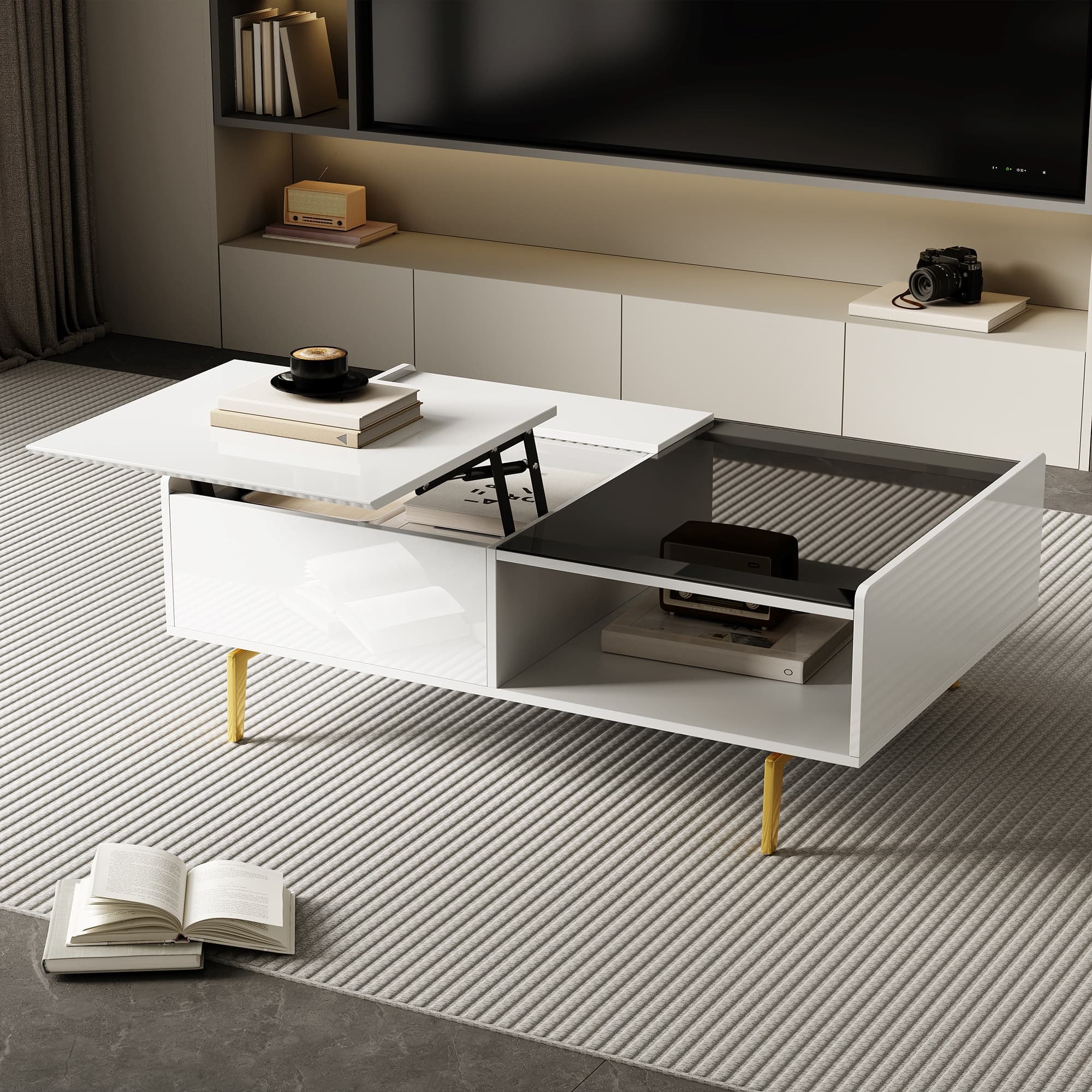High-Gloss Coffee Table with LED Effect, Glass Top and Storage Compartment, Easy to Install, 43.5" L x 21.5" W x 15.5" H, White | Aosom Canada