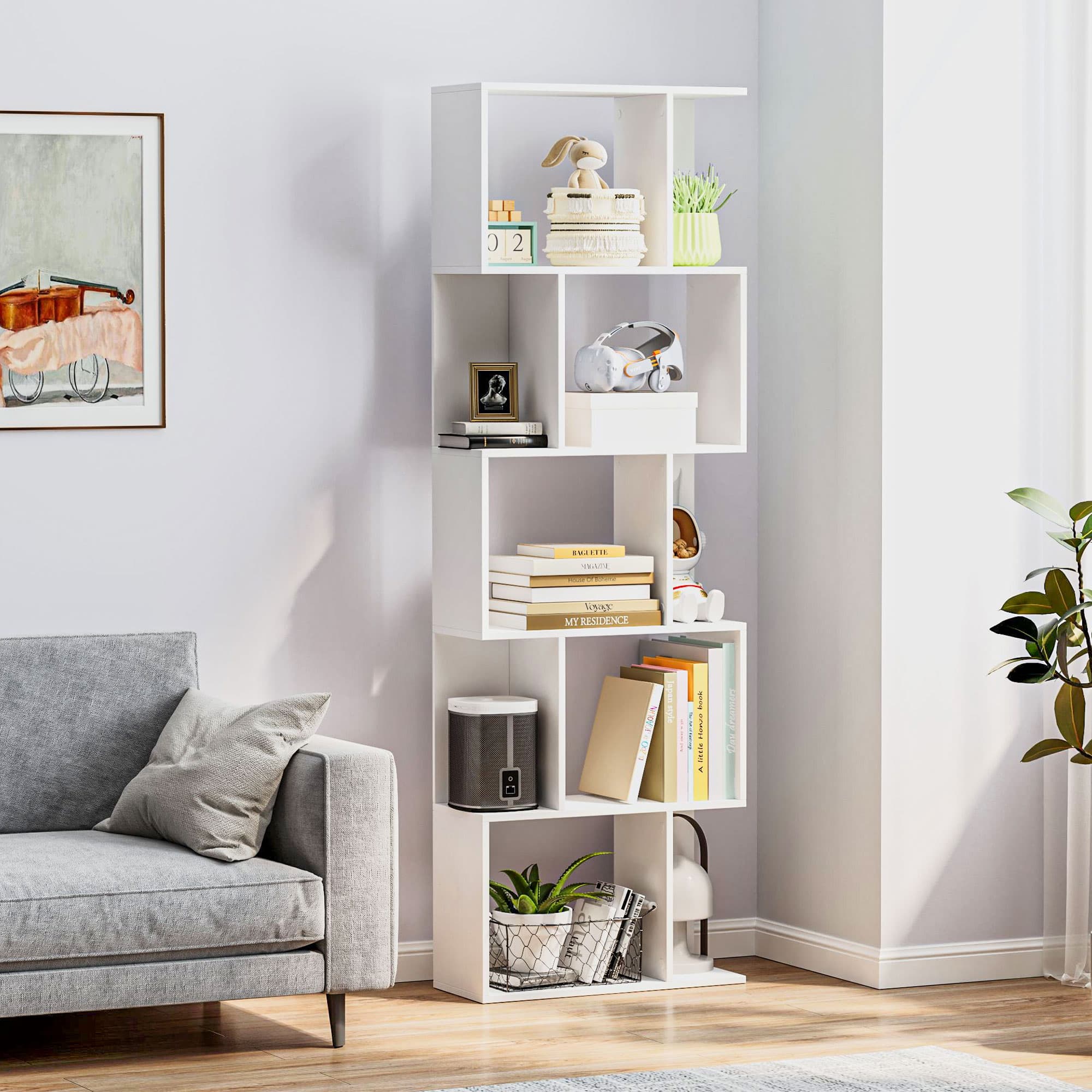 HOMCOM 5-Tier Geometric Bookshelf, S Shaped Bookcase, Modern Freestanding Display Shelf Unit for Home Office, White | Aosom Canada