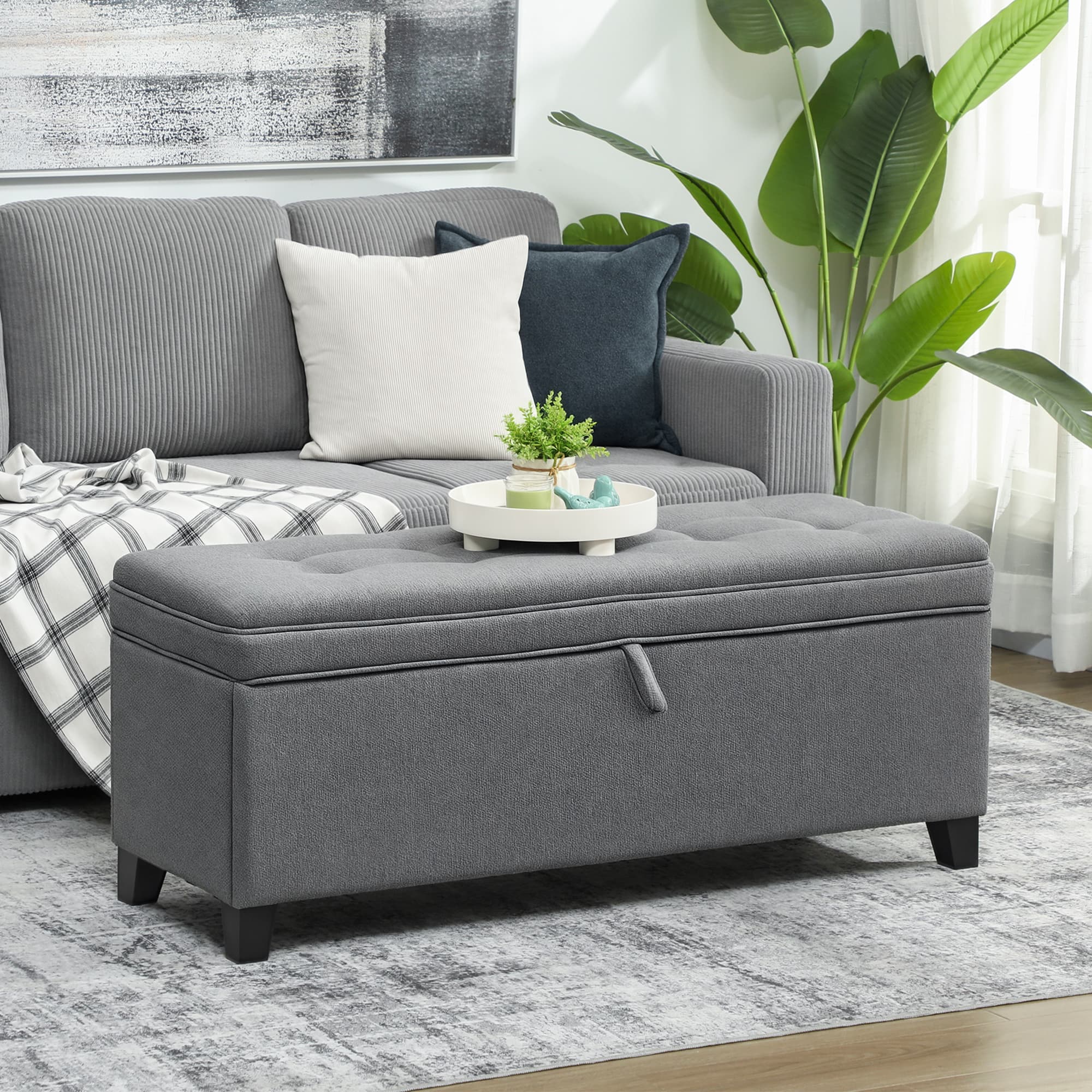 HOMCOM Storage Ottoman Bench, Foot Rest with Safety Hinges, 47 Inches Linen Storage Chest for Living Room, Dark Grey | Aosom Canada