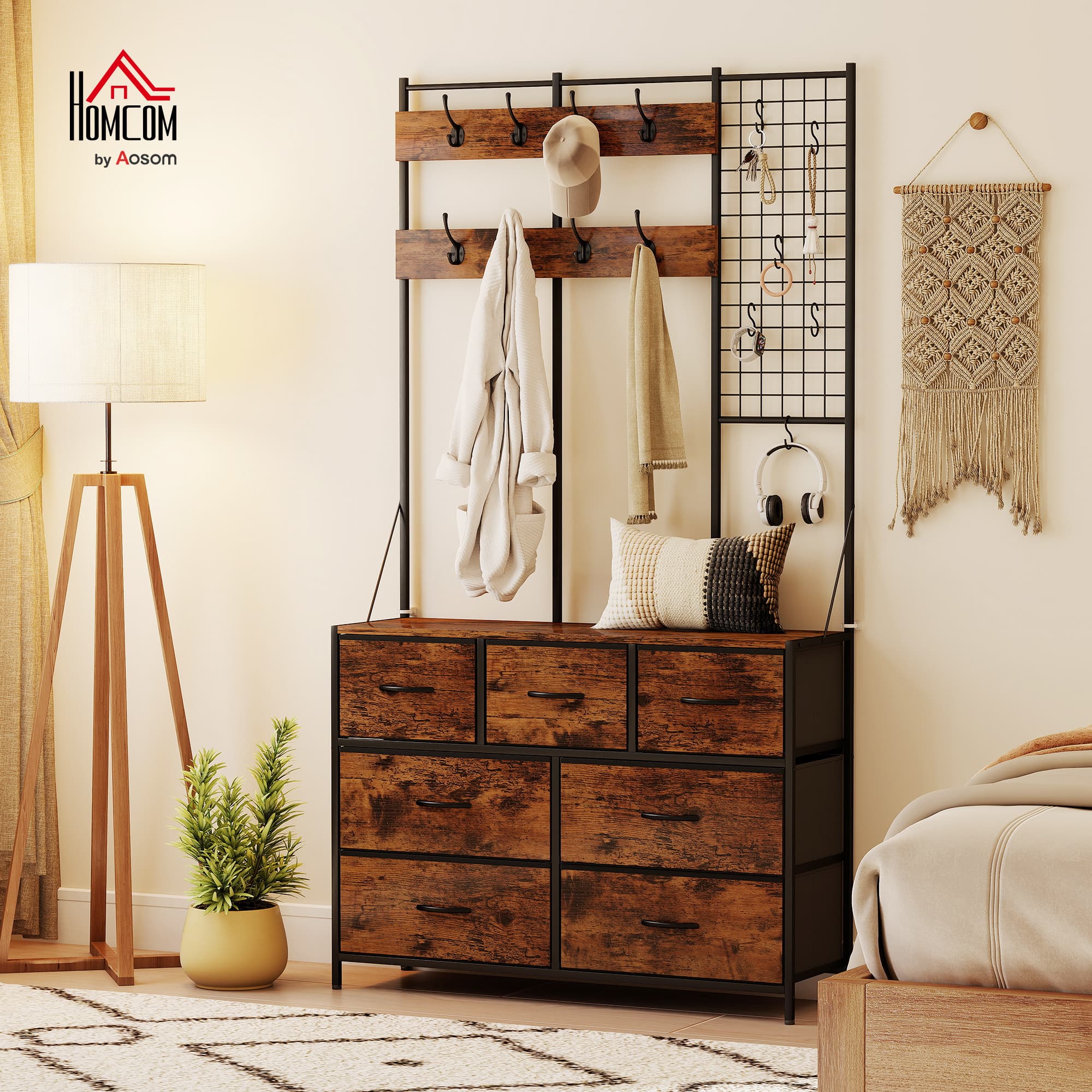 HOMCOM 4-In-1 Coat Rack with 7 Drawer Fabric Dresser, Hall Tree with 14 Hooks for Hallway, Entryway, Bedroom, Rustic Brown | Aosom Canada