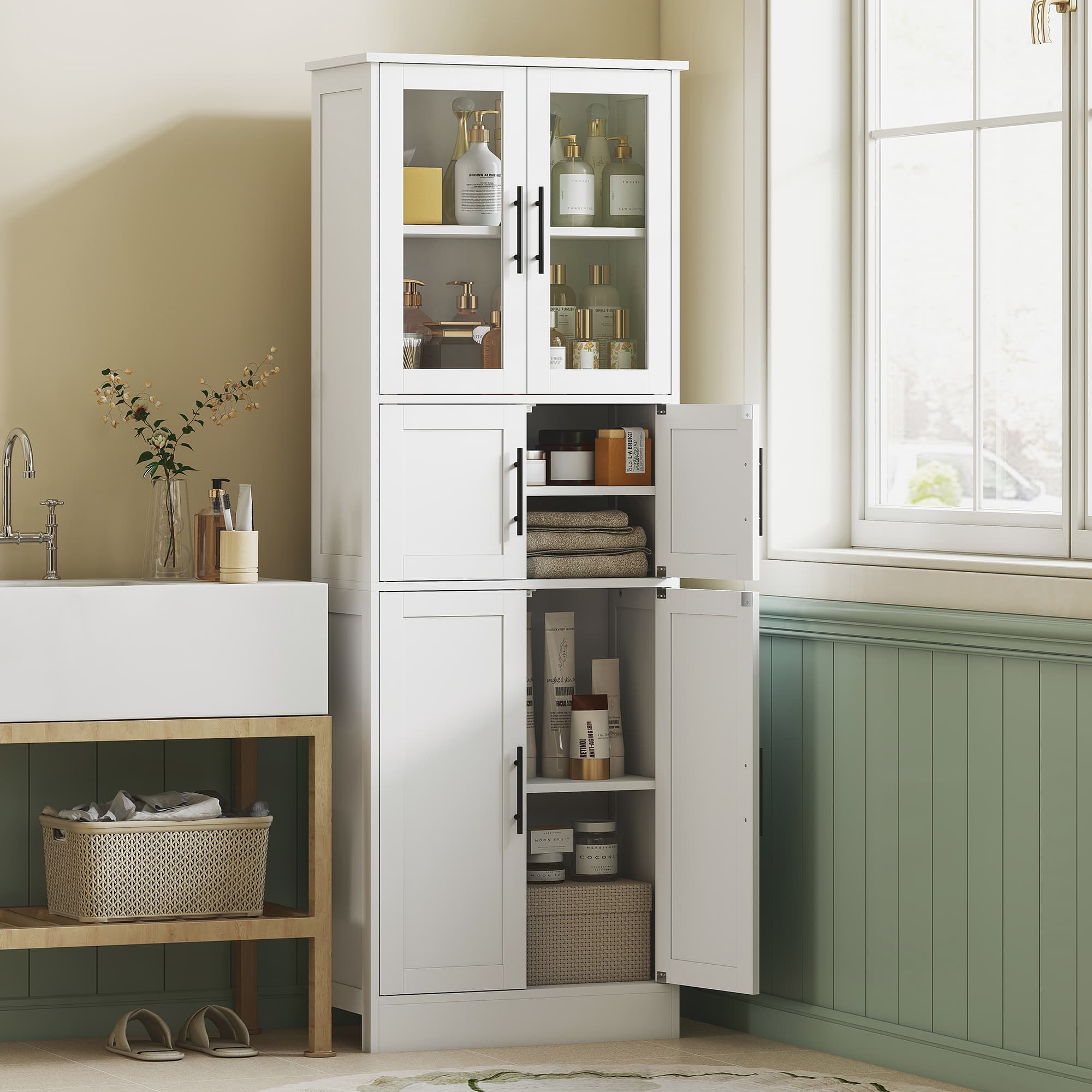 HOMCOM 67" Tall Bathroom Storage Cabinet, Modern Freestanding Bathroom Cabinet with Glass Doors and Adjustable Shelves, White | Aosom Canada