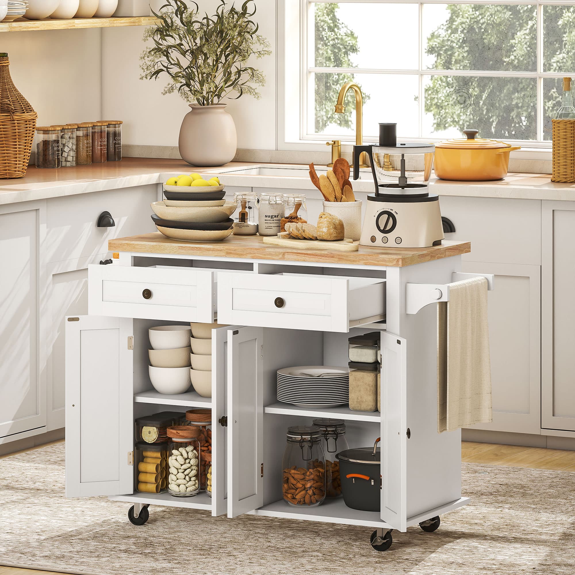 HOMCOM Pristine Pantry: Kitchen Island Trolley Cart Rolling Storage with Rubber Wood Top, Spice Rack, Towel Rack, White Finish | Aosom Canada