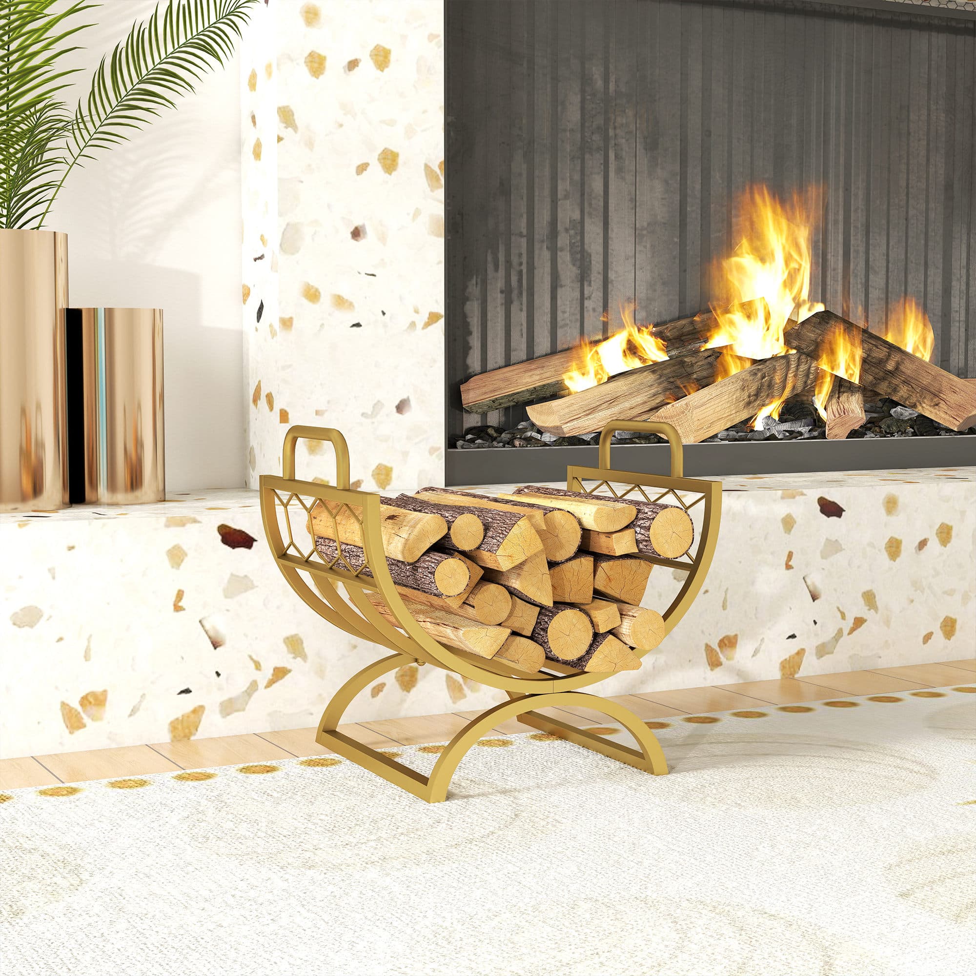 Outsunny Firewood Rack Outdoor, Heavy Duty Log Holder with Handles for Indoor Outdoor Fireplace Storage 18" x 14" x 16", Gold | Aosom Canada
