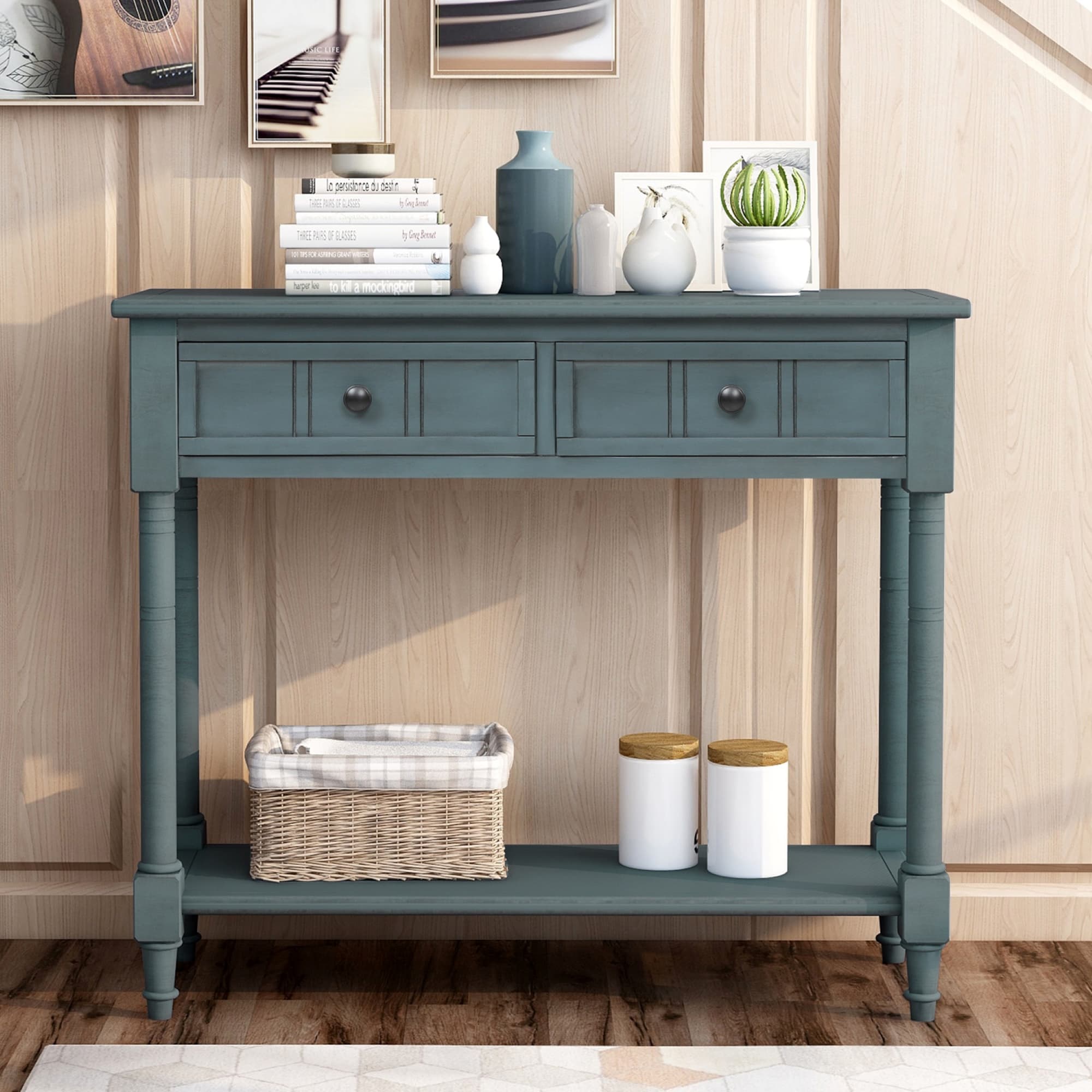 Daisy Series Console Table, Traditional Design with Two Drawers and Bottom Shelf, Easy to Assemble, 35.5" L x 14" W x 30" H, Navy | Aosom Canada