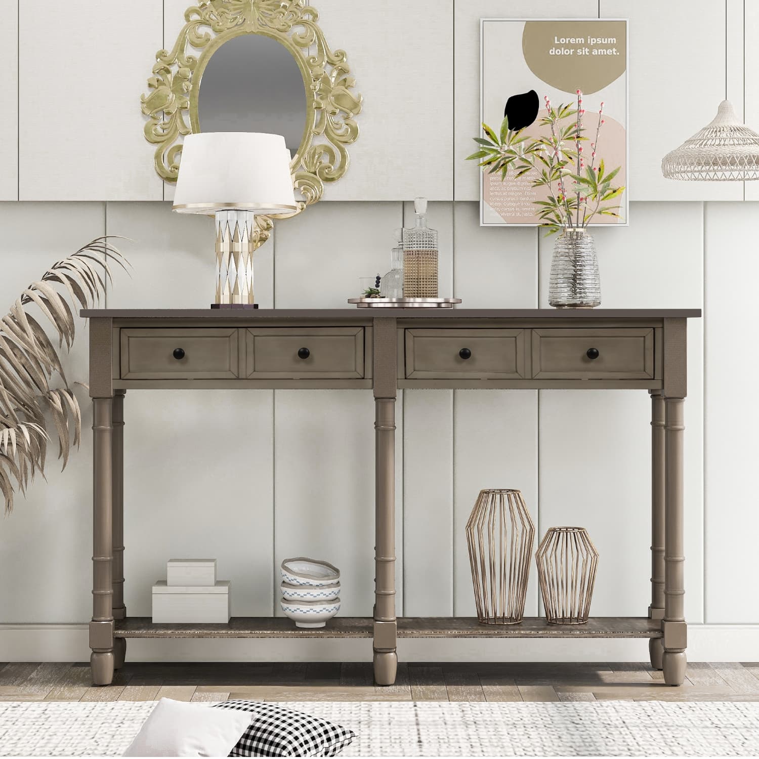 Console Table with Two Storage Drawers and Bottom Shelf, Easy Assembly for Living Room or Entryway, 58" L x 11" W x 34" H, Gray | Aosom Canada