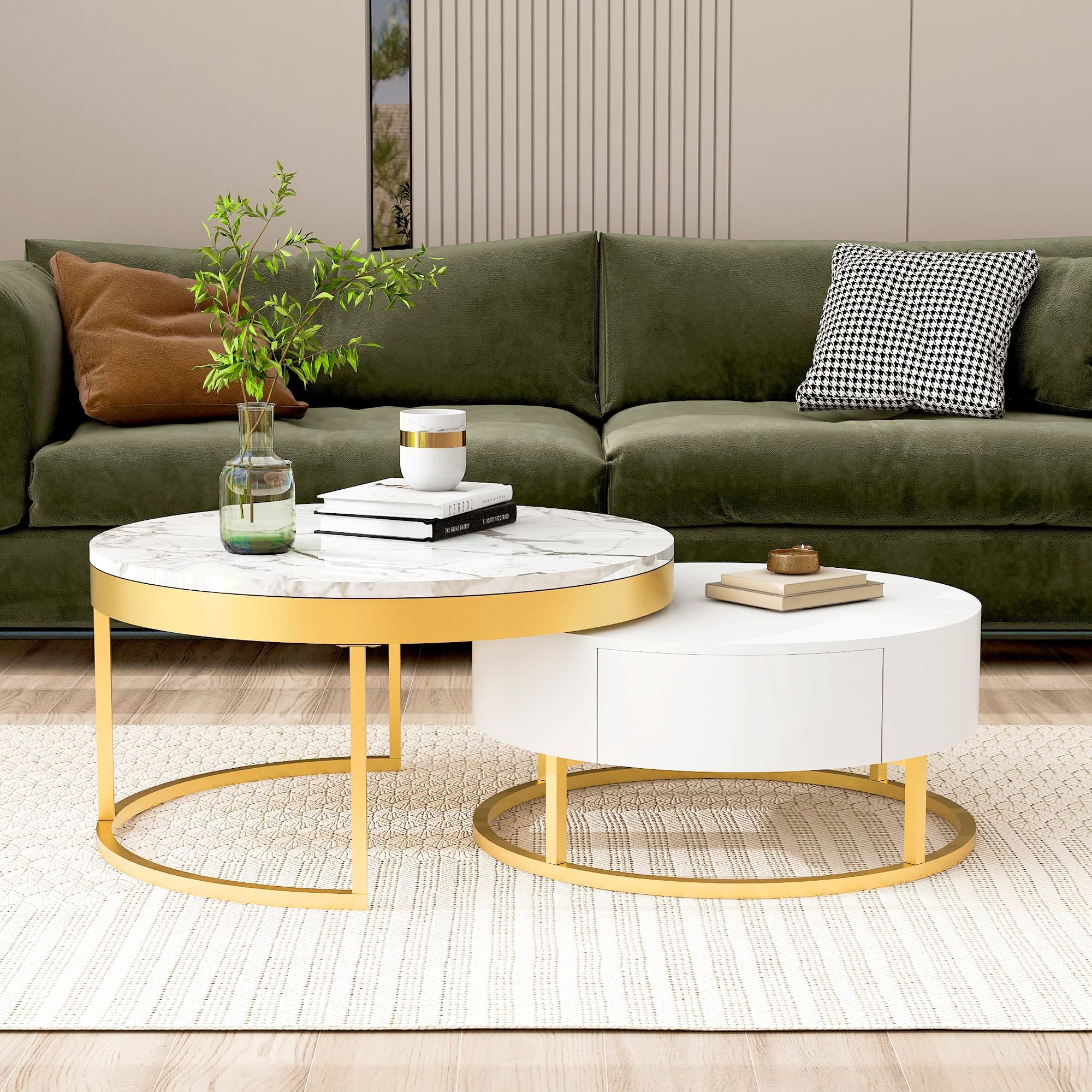 Modern Round Nesting Coffee Table with Drawers, MDF and Metal Pedestal Base, Easy to Assemble, 31.5" L x 31.5" W x 17" H, Gold+White | Aosom Canada
