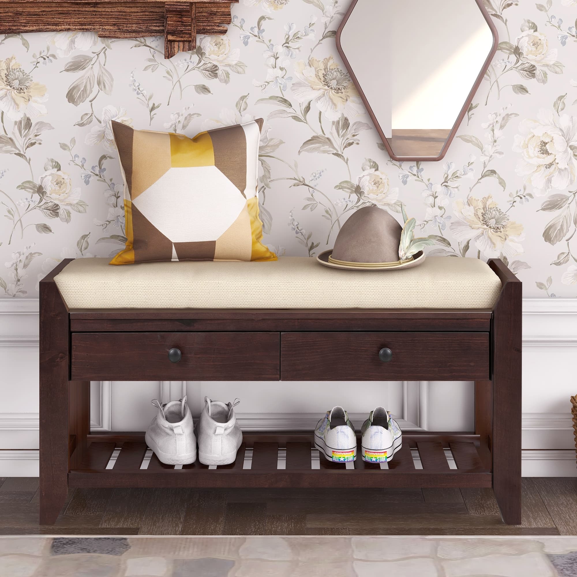 Shoe Rack with Cushioned Seat and Drawers, Multipurpose Entryway Storage Bench with Wood Frame, 39" L x 14" W x 20" H, Dark Brown | Aosom Canada