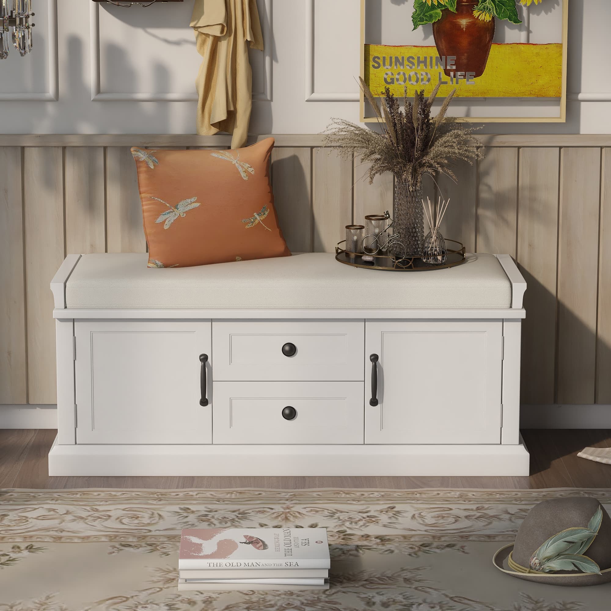 Storage Bench with Comfortable Seat and Adjustable Shelves, Shoe Bench with Removable Cushion, 43" L x 16" W x 17.5" H, White | Aosom Canada