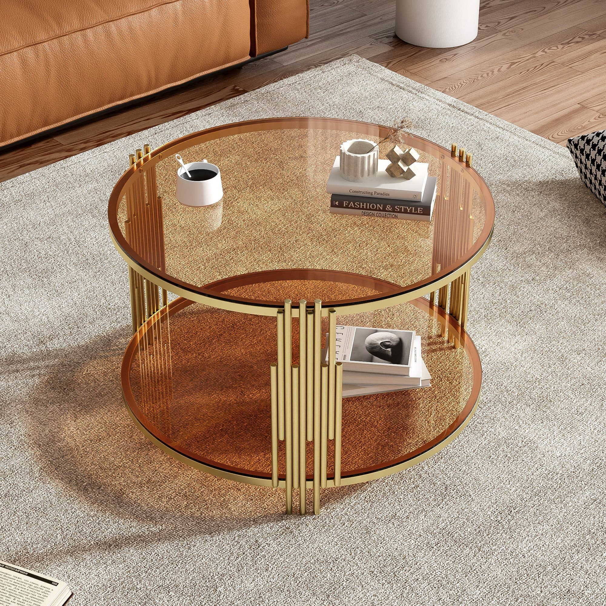 Modern Asymmetrical Coffee Table with Brown Glass Top, Sofa Table with Circular Metal Drum Base, 31.5" L x 31.5" W x 20" H, Brown | Aosom Canada