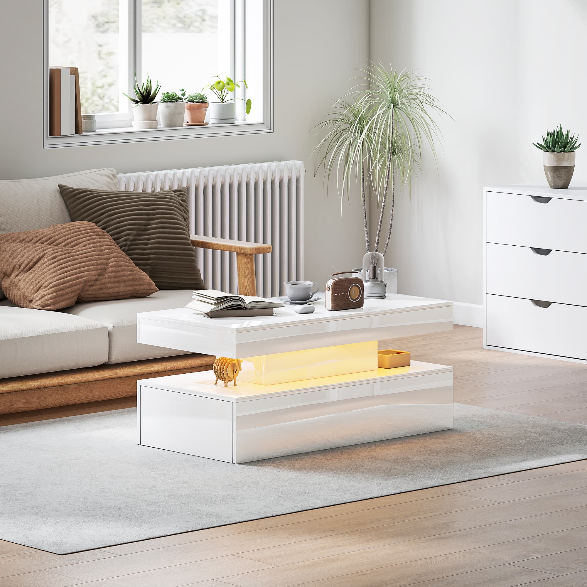 HOMCOM LED Coffee Table, Living Room Table with 2 Drawers and Open Shelf, High Gloss White | Aosom Canada