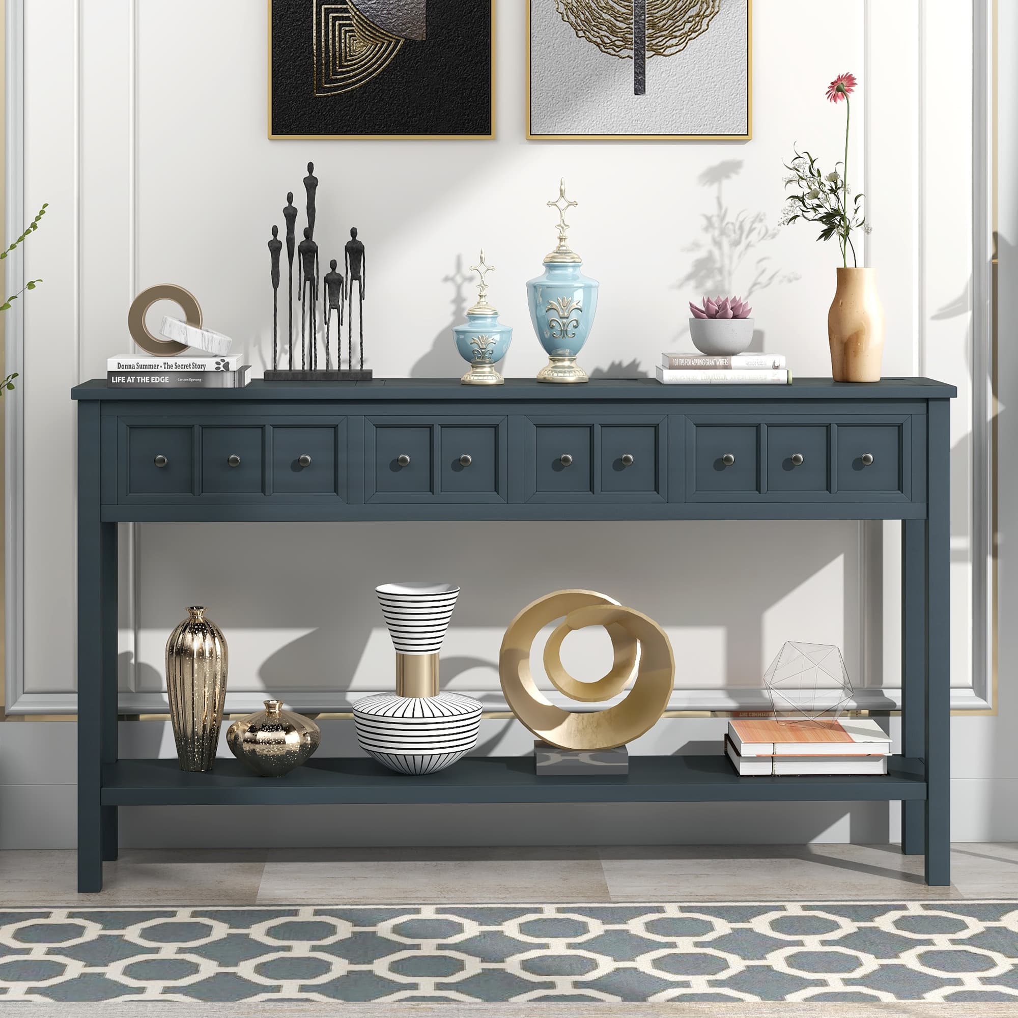 Rustic Entryway Console Table with Two Size Drawers, Distressed Finish, Ideal for Living Room, Hallway, 60" L x 11" W x 34" H, Navy | Aosom Canada