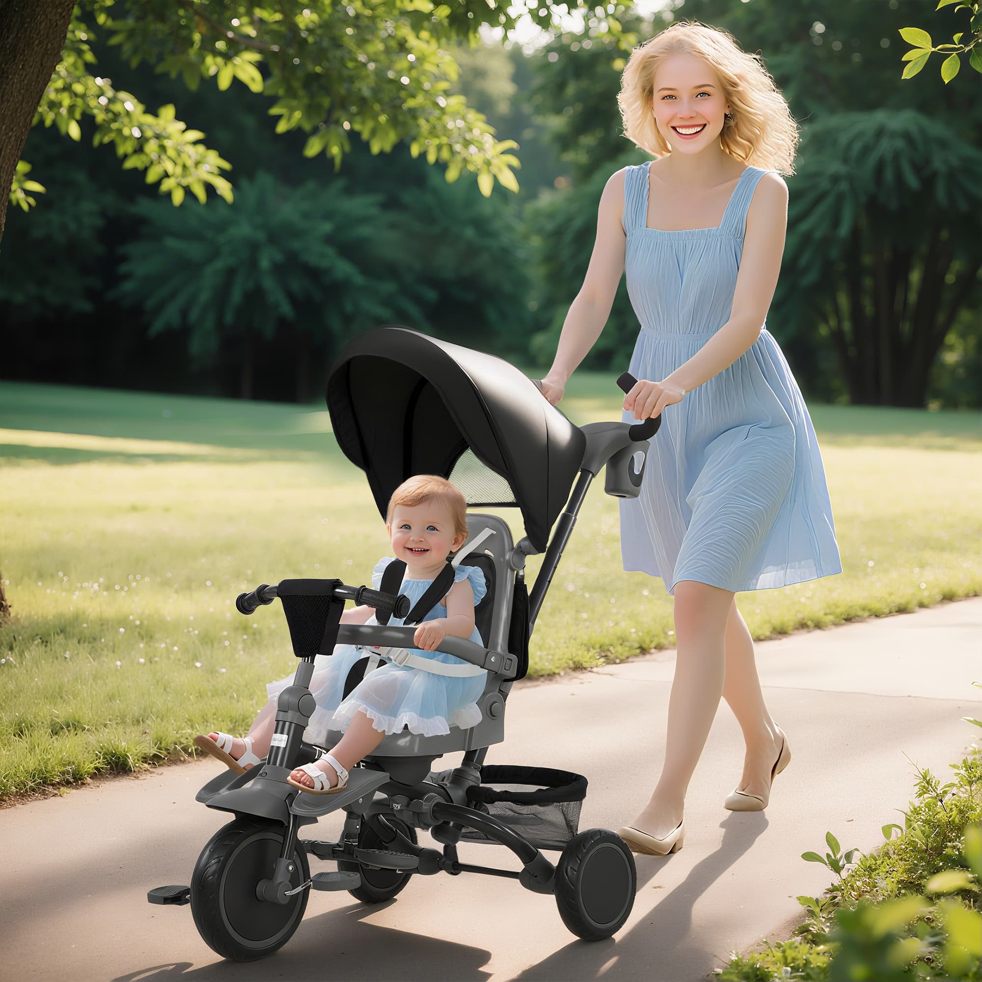 Qaba 6 in 1 Toddler Tricycle for 1-5 Years Old with Push Handle, Removable Canopy, Rotatable Seat, Black | Aosom Canada