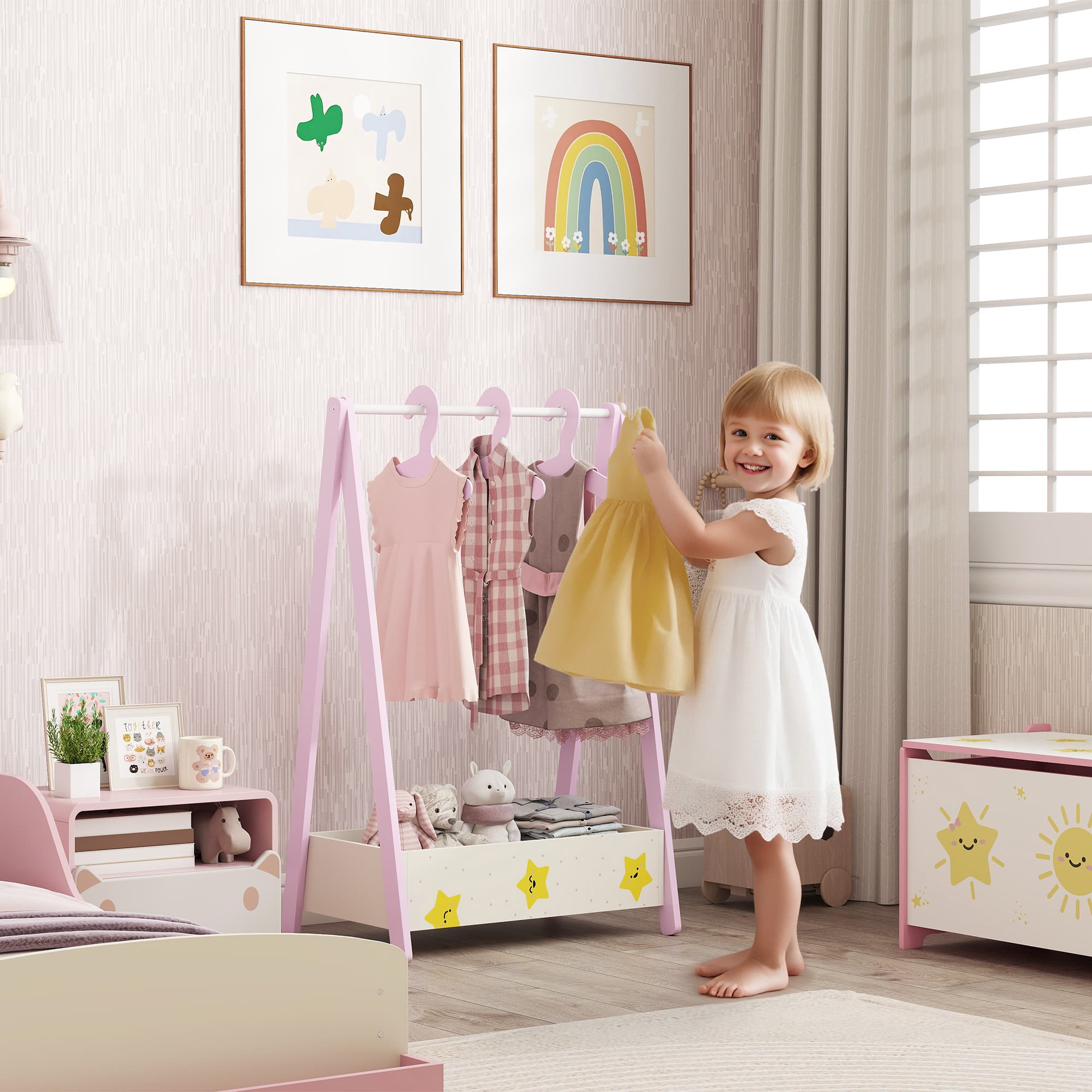 Qaba Kids Clothing Rack with Storage Shelf, Hangers, for Nursery Room, Living Room, Playroom, Pink | Aosom Canada