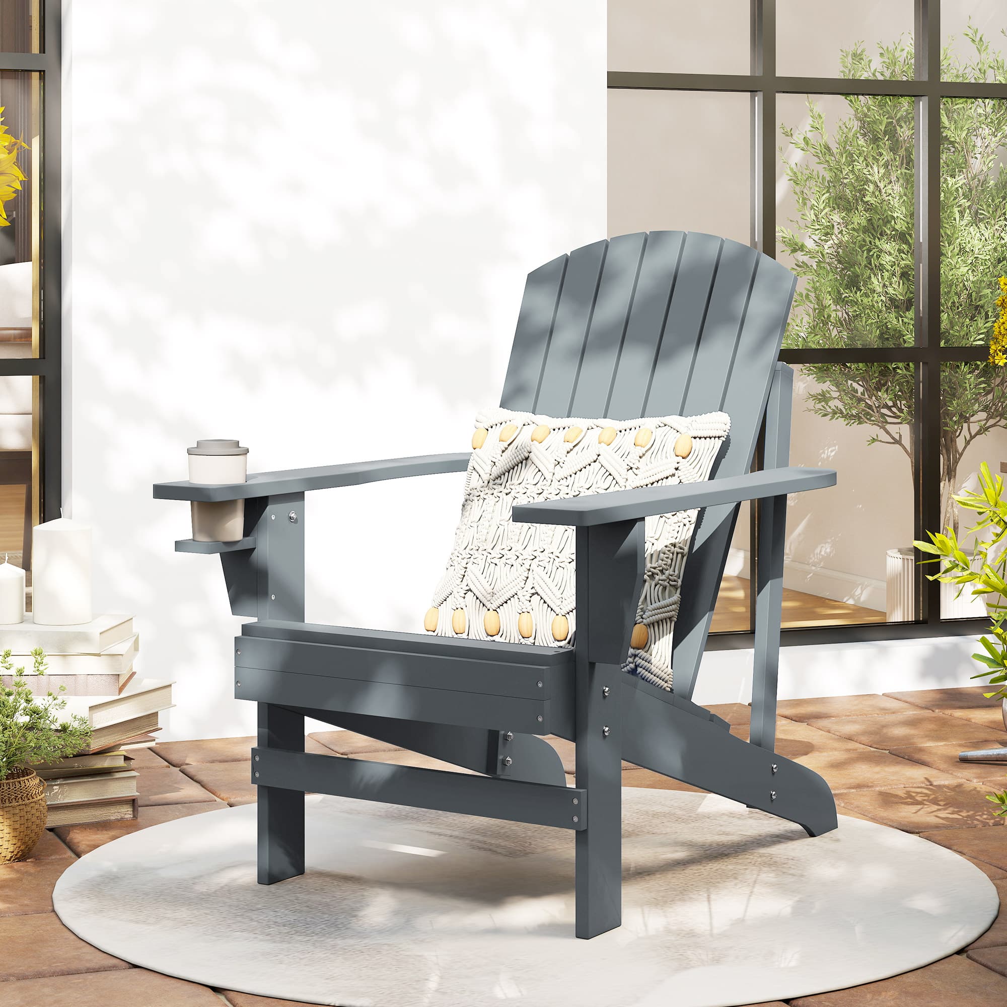 Outsunny Classic Adirondack Chair, Muskoka Chairs, Garden Deck Chair with Cup Holder for Patio, Indoor, Backyard, Dark Grey | Aosom Canada