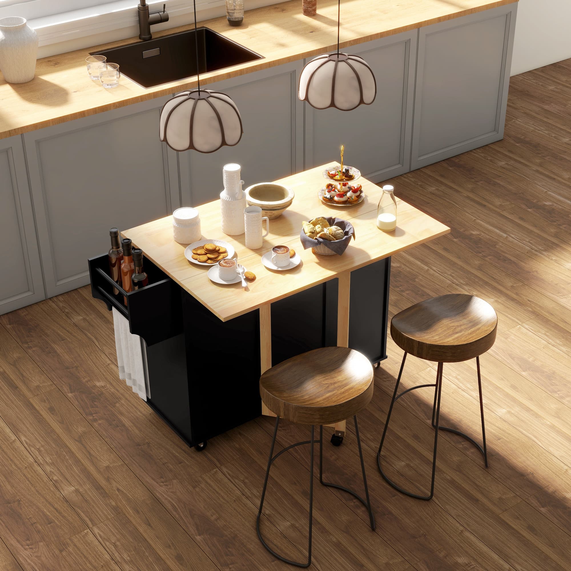 HOMCOM Rolling Kitchen Cart on Wheels with Drop Leaf, Kitchen Island with 3 Drawers, Solid Wood Top and Towel Rack, Black | Aosom Canada