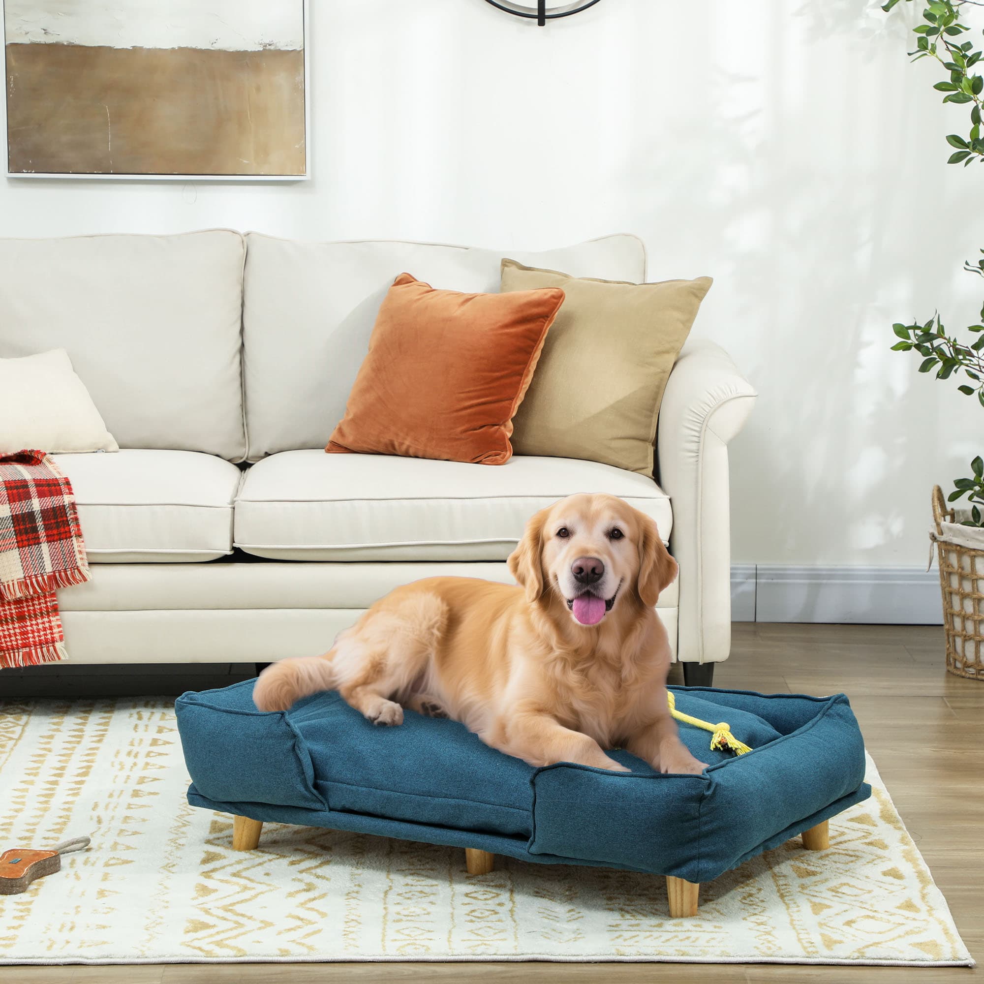 PawHut Washable Dog Sofa for Large Dogs, Elevated Pet Couch with Anti-slip Foot Pads, Dark Blue | Aosom Canada