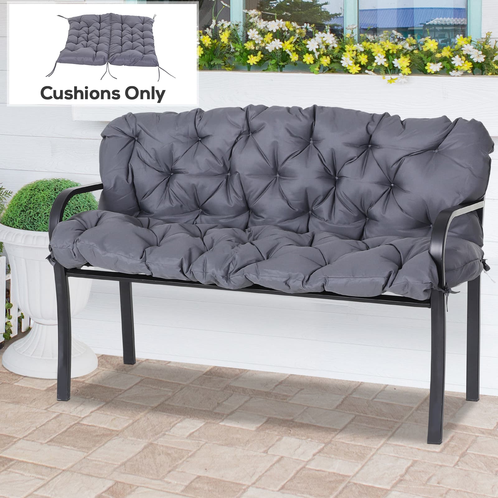 Outsunny Outdoor 2 Seater Bench Cushion with Backrest Non Slip Garden Patio Soft Pad Grey | Aosom Canada