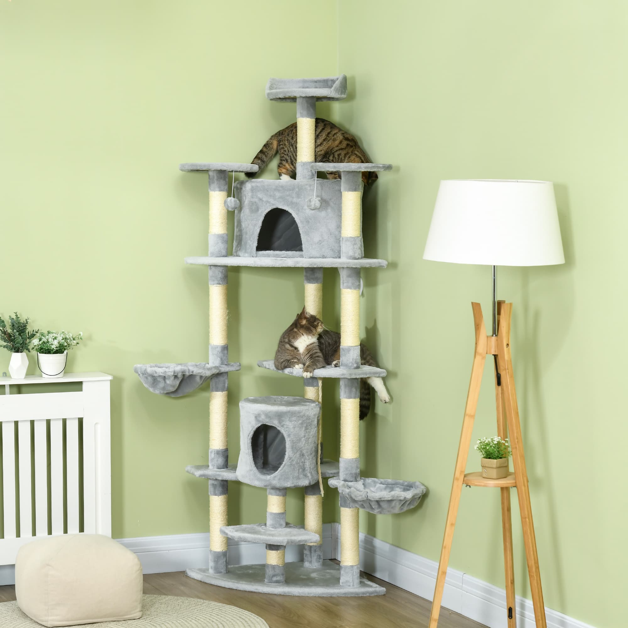 PawHut 79" Multi-Level Cat Tree: 2 Condos, Scratching Posts, 2 Hammocks, Perches, Interactive Toys, Dark Grey | Aosom Canada