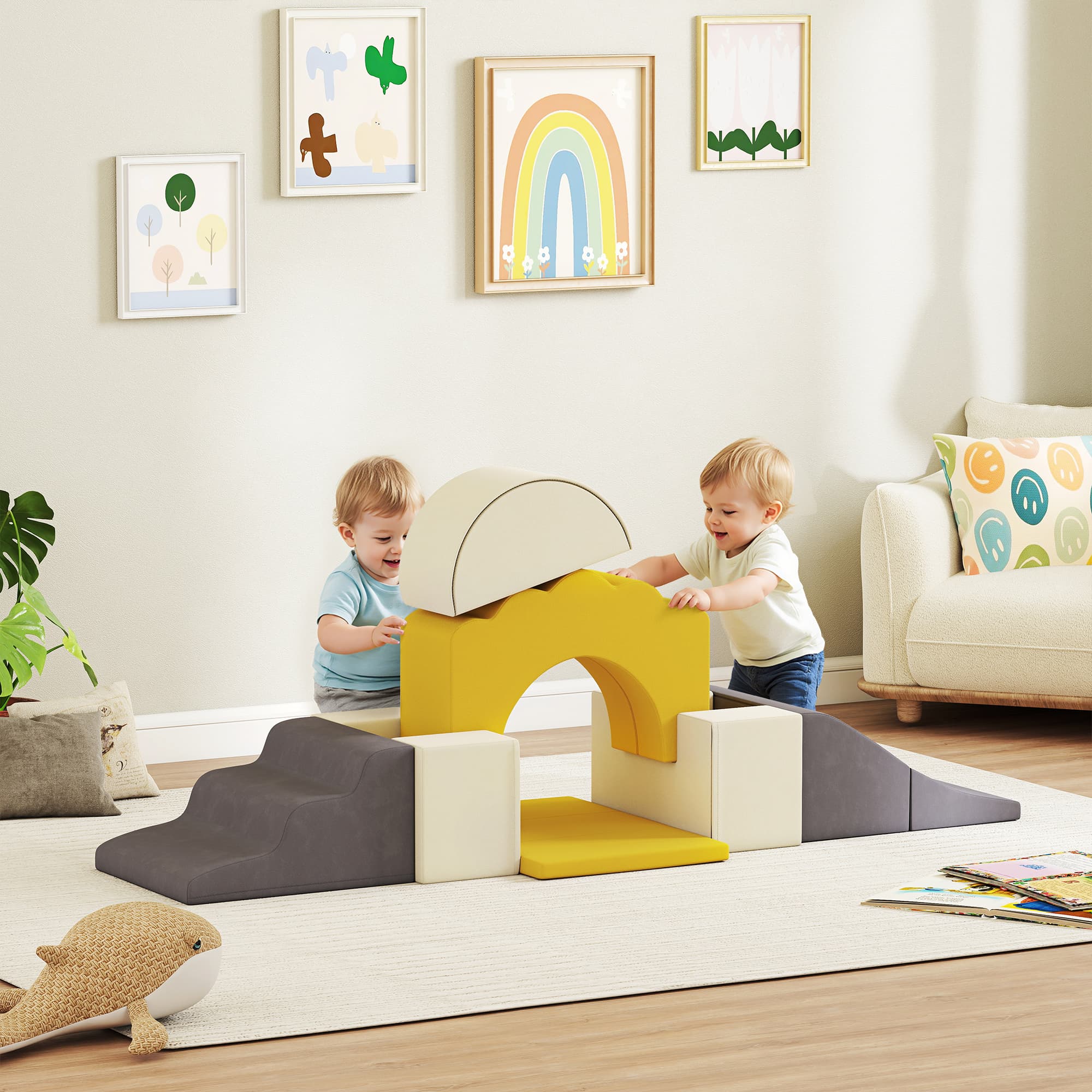 Qaba 7-Piece Baby Soft Play Set, Indoor Soft Play Gym Activity Play Set for Crawling, Sliding and Playing, Yellow | Aosom Canada