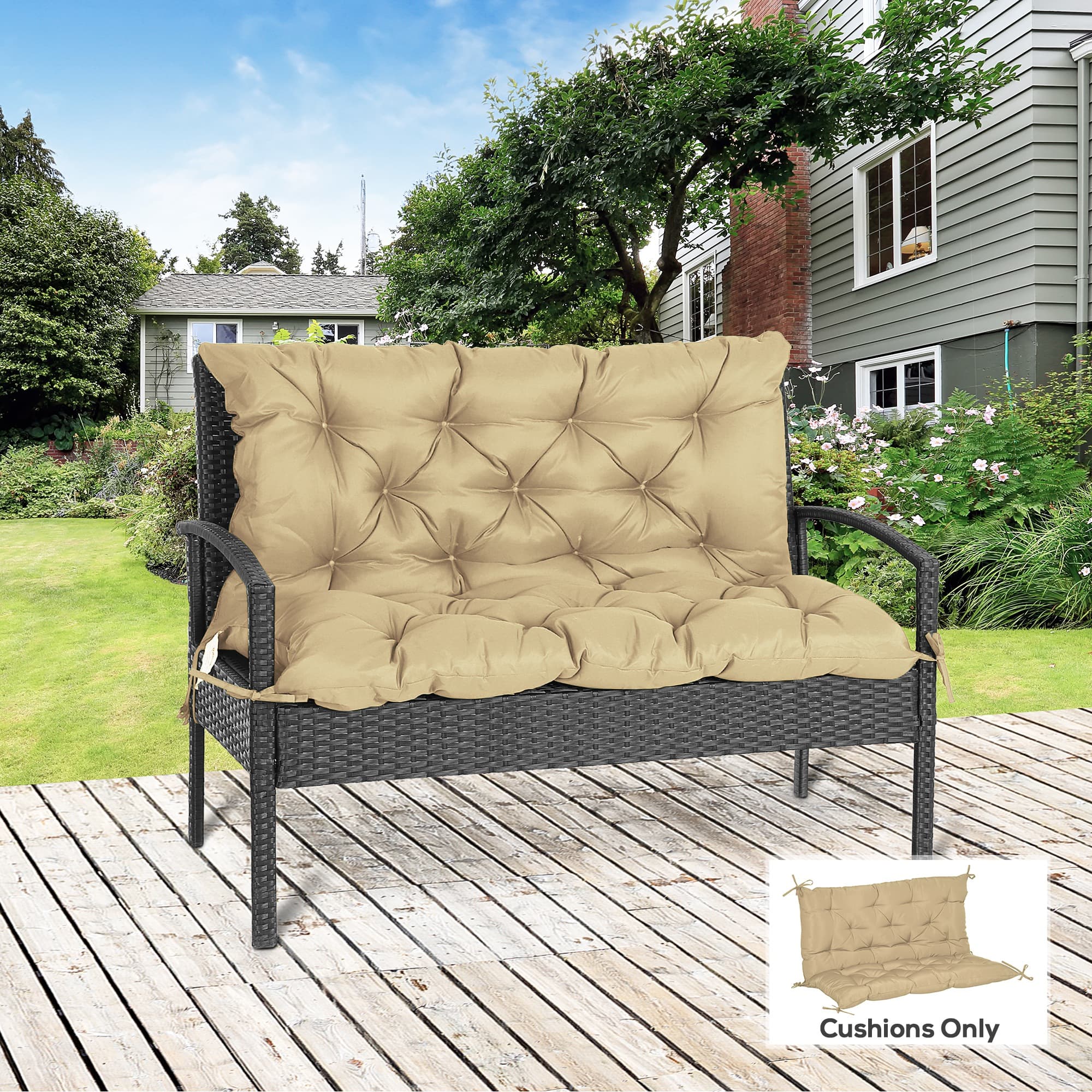Outsunny 2-Seater Swing Chair Cushion Replacement with Backrest for Garden Bench Indoor Outdoor Use 39.4x38.6 Khaki | Aosom Canada
