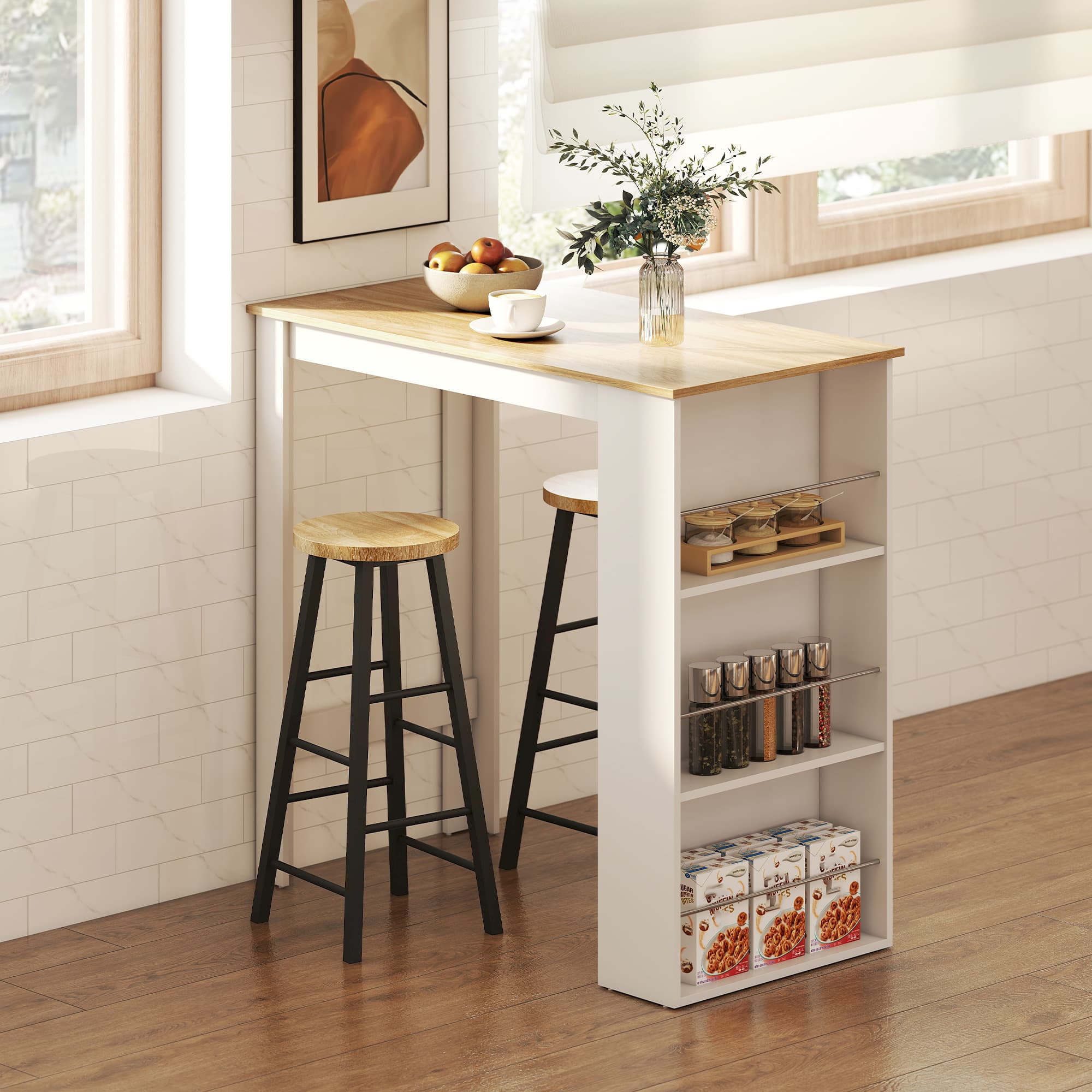 HOMCOM Bar Height Dining Table Modern with 3 Storage Shelves for Kitchen Dining Room Living Room White | Aosom Canada