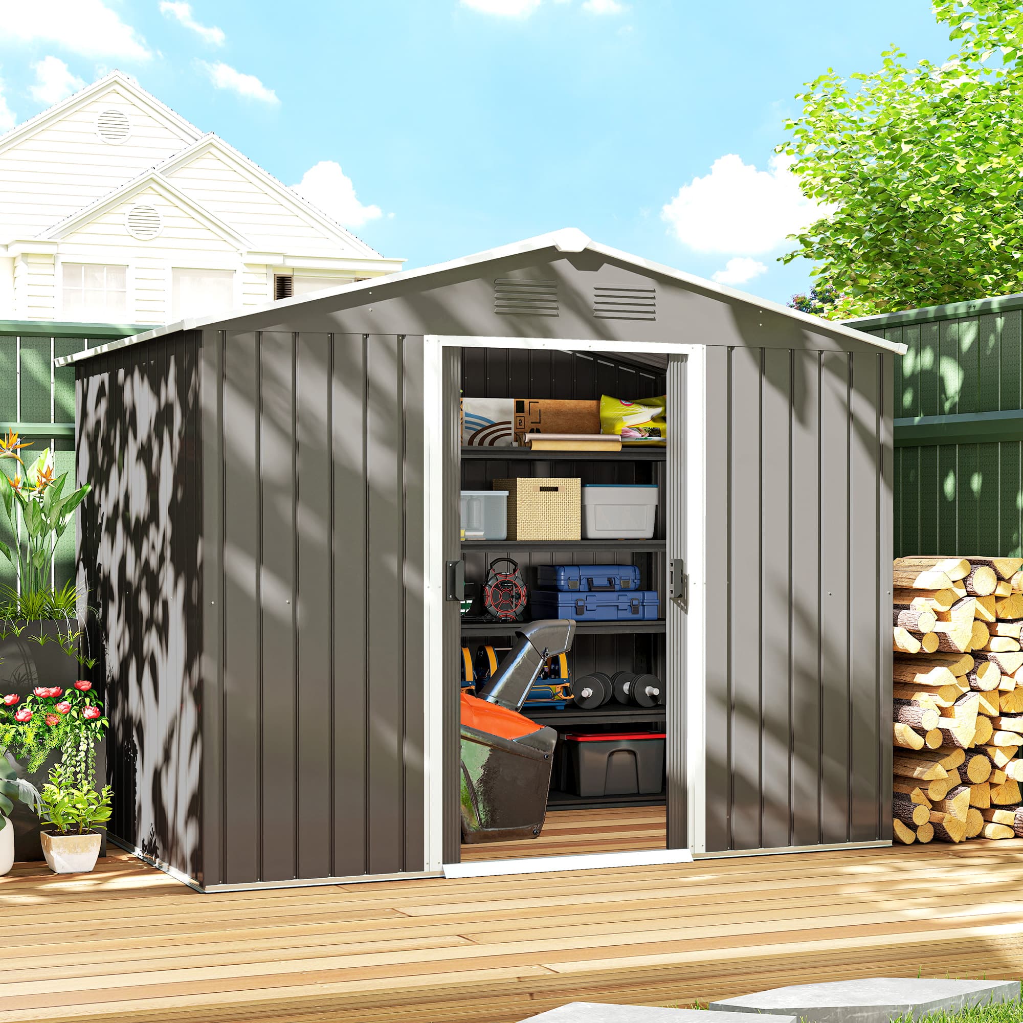 Outsunny 8' x 6' Outdoor Storage Shed, Metal Garden Tool Storage House with Lockable Sliding Doors and Vents for Backyard Patio Lawn, Light Grey | Aos