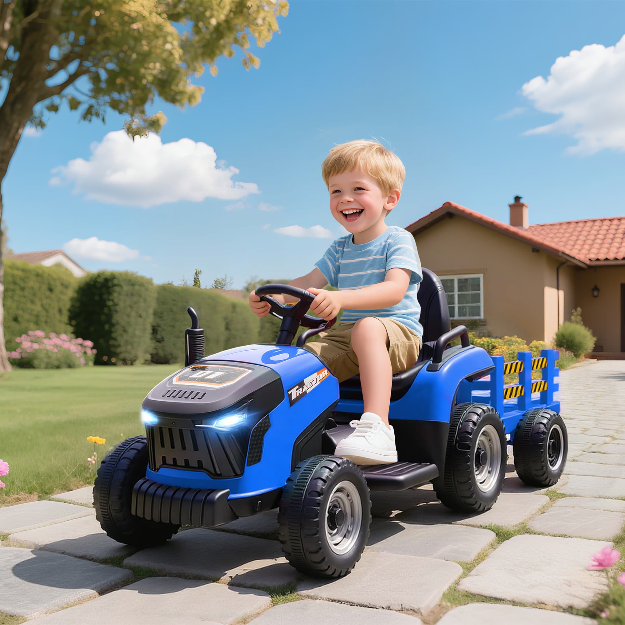 Qaba 12V Kids Ride On Tractor with Trailor, Remote Control, Music, Lights, Shifter, for Kids Ages 3-8 Years, Blue | Aosom Canada