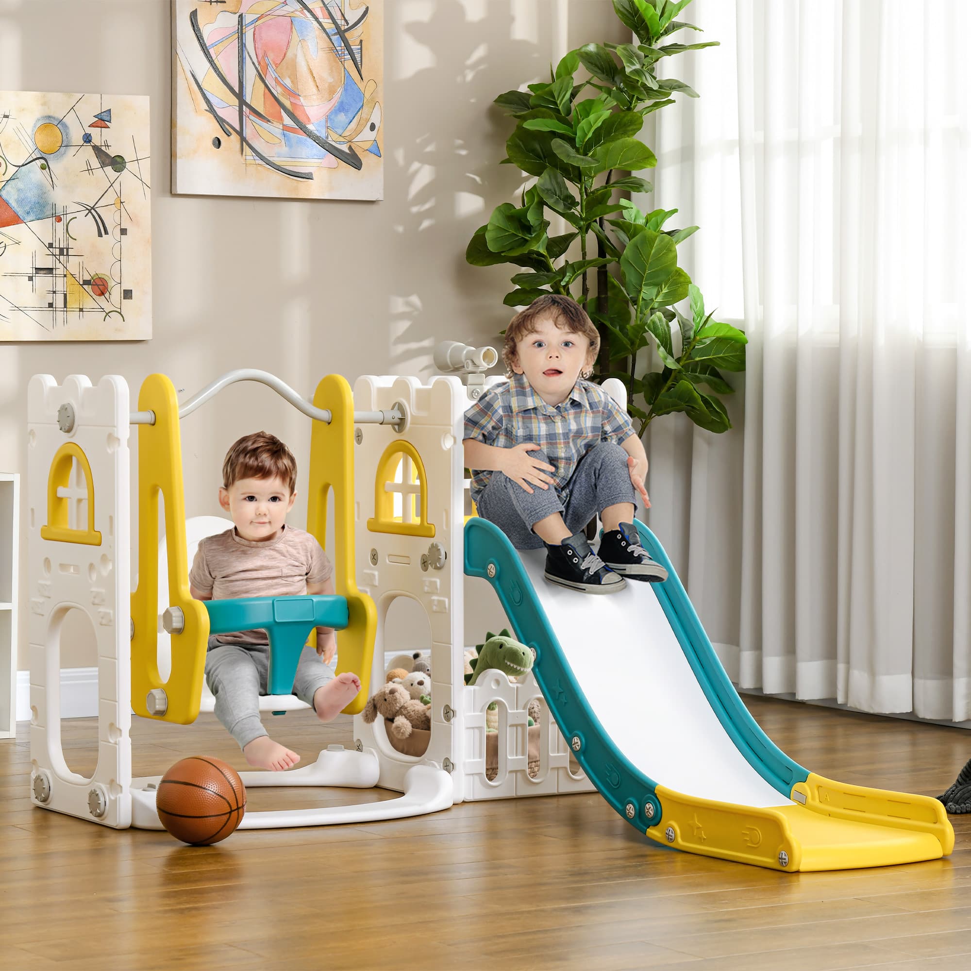 Qaba 6-in-1 Slide and Swing Set Baby Swing Playset Indoor with Basketball Hoop, Climber, Storage Space, Telescope, Yellow | Aosom Canada