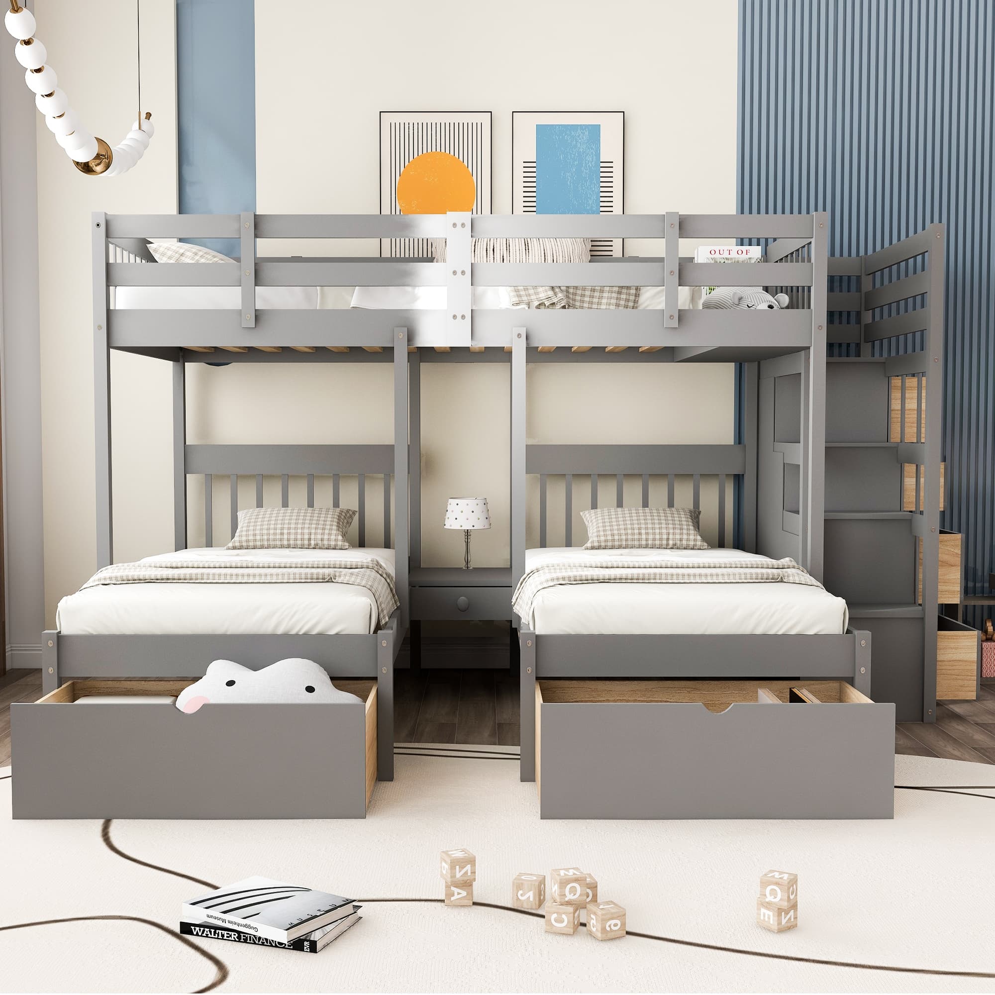 Space-Saving Full Over Twin Bed with Drawers and Guardrails, Twin Triple Bunk Bed with Pine Wood Frame, 115" L x 76" W x 64.5" H, Grey | Aosom Canada