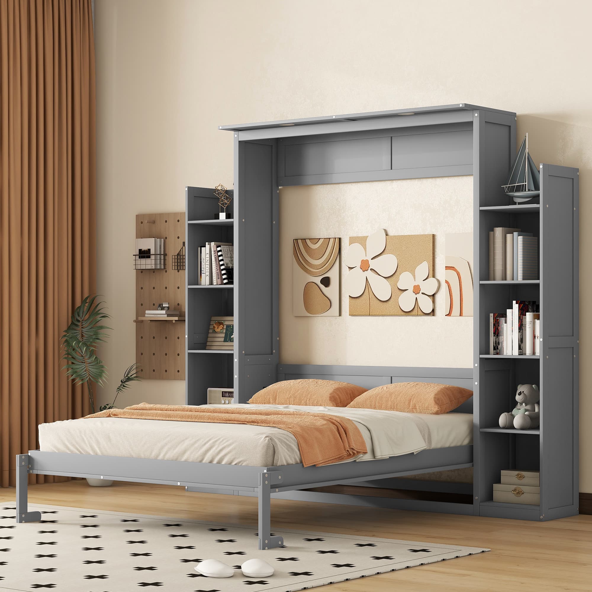 Queen Size Murphy Bed with Shelves and LED Lights, Space-Saving Wall Bed with Flexible Slats, 97.5" L x 84.5" W x 88.5" H, Grey | Aosom Canada