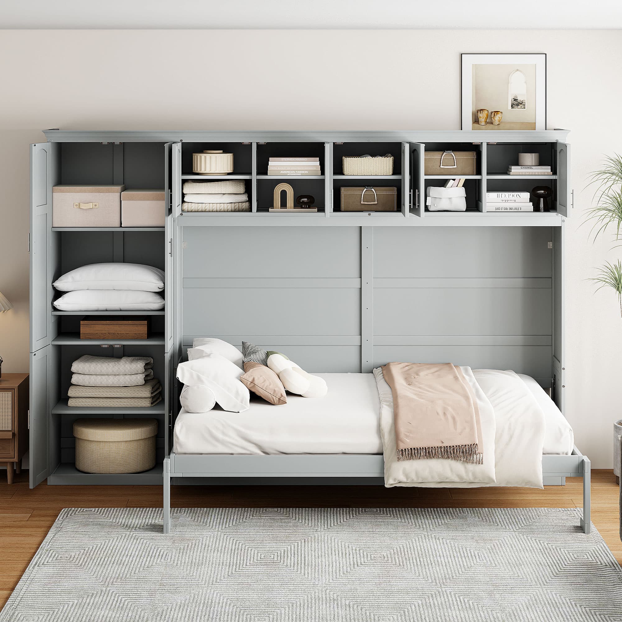 Queen Size Murphy Bed with Integrated Storage, Space-saving Wall Bed with Customizable Configuration, 117.5" L x 16" W x 88" H, Grey | Aosom Canada