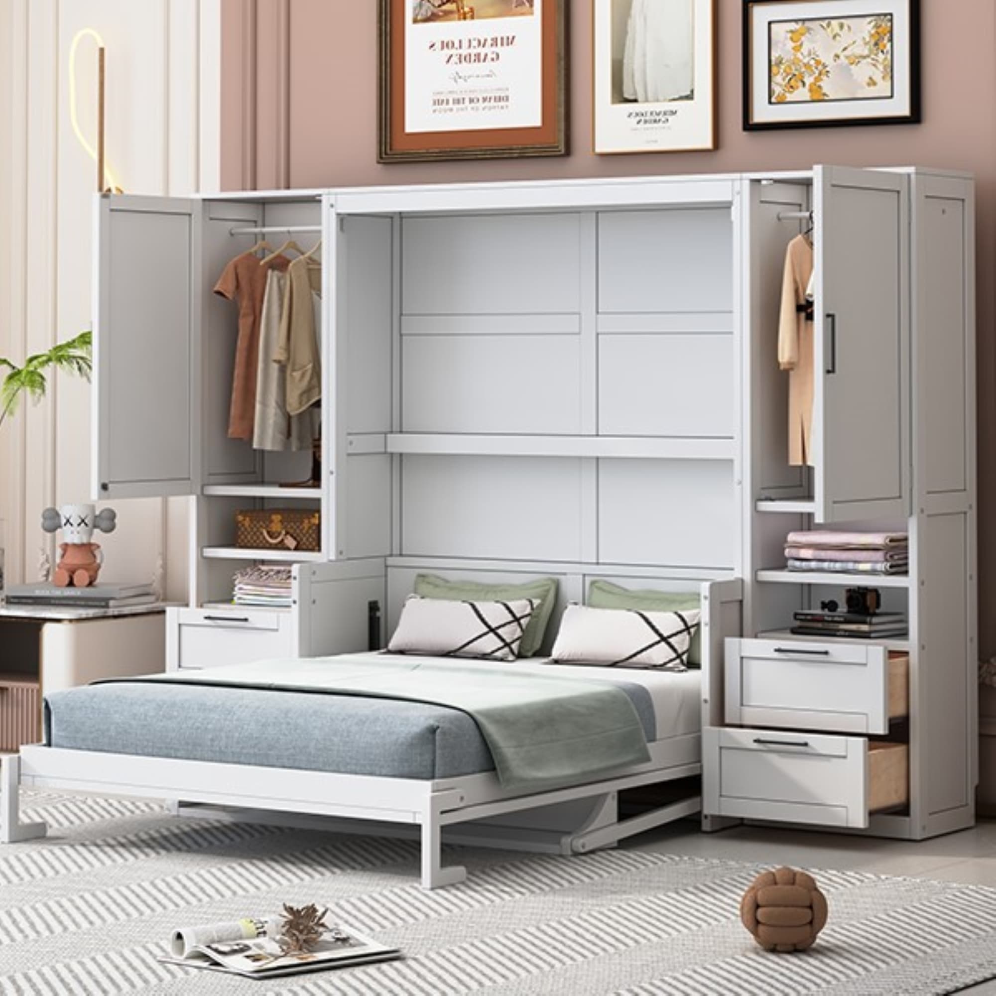 Queen Size Murphy Bed with Closet, Drawers and Shelves, Space-saving Wall Bed with Integrated Storage, 114" L x 17" W x 87" H, White | Aosom Canada