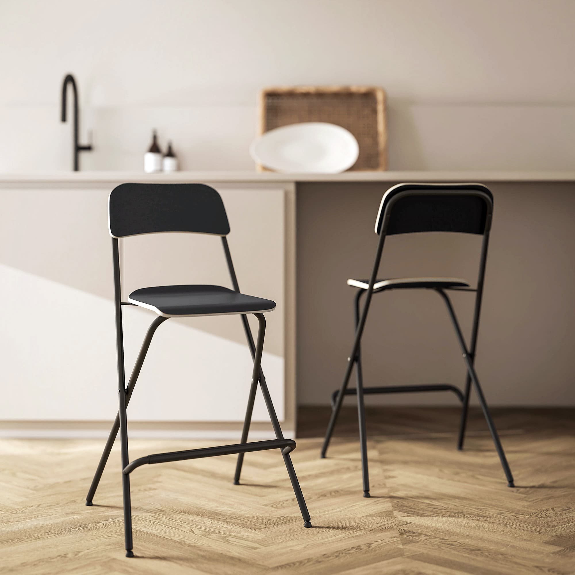 HOMCOM Folding Bar Stools Set of 2, Counter Height Foldable Stool with Wooden Effect Seat and Steel Frame for Kitchen, Black | Aosom Canada