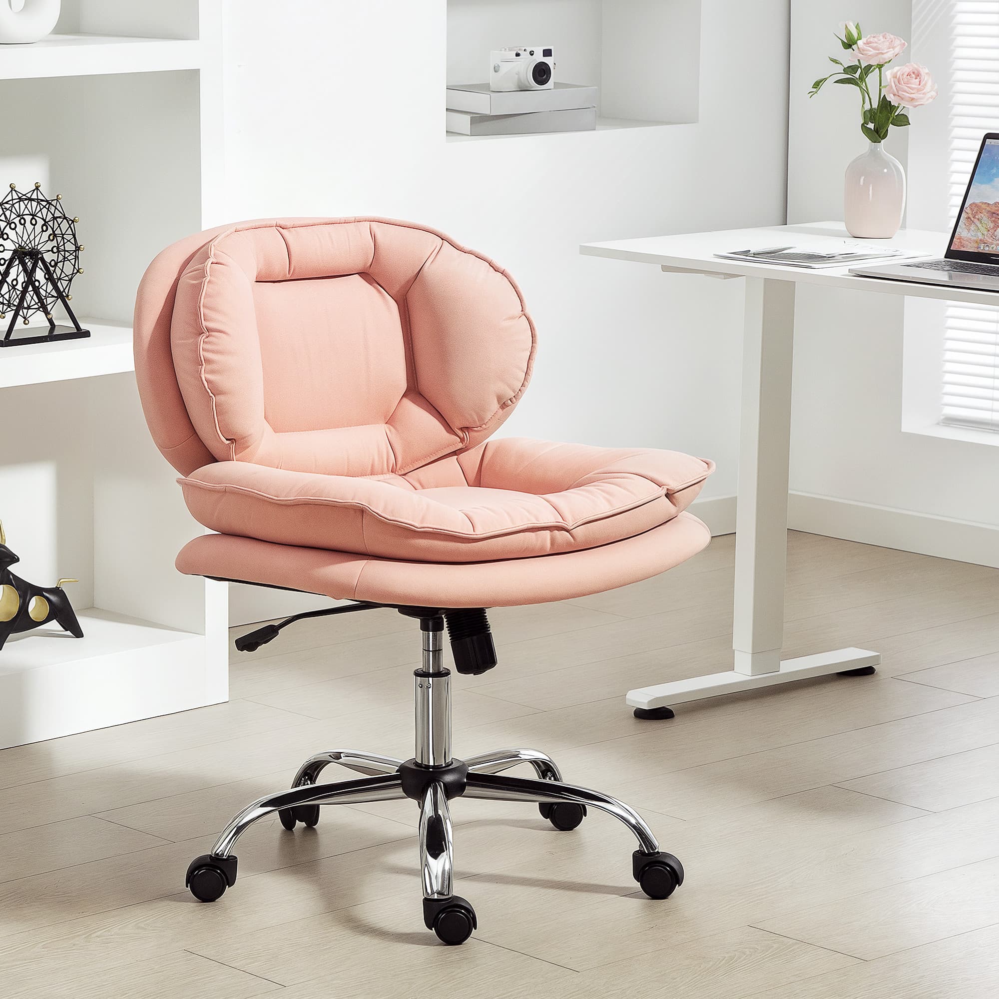 HOMCOM Criss Cross Chair, Swivel Wide Office Chair with Leathaire Upholstery, Tilting, No Arm, Pink | Aosom Canada