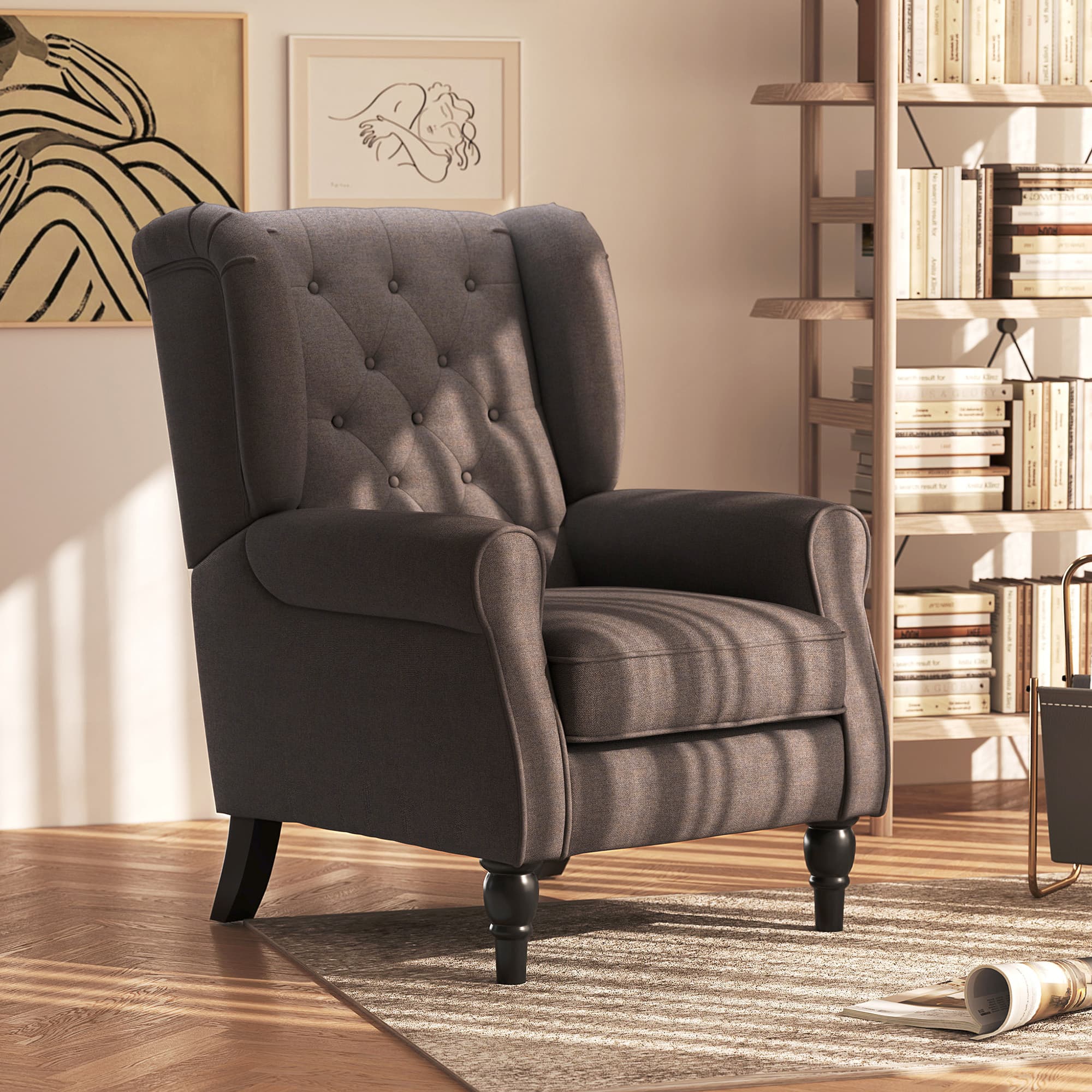 HOMCOM Modern Accent Chair, Button Tufted Wingback Chair with Wood Legs Rolled Arms Thick Padding for Living Room, Brown | Aosom Canada