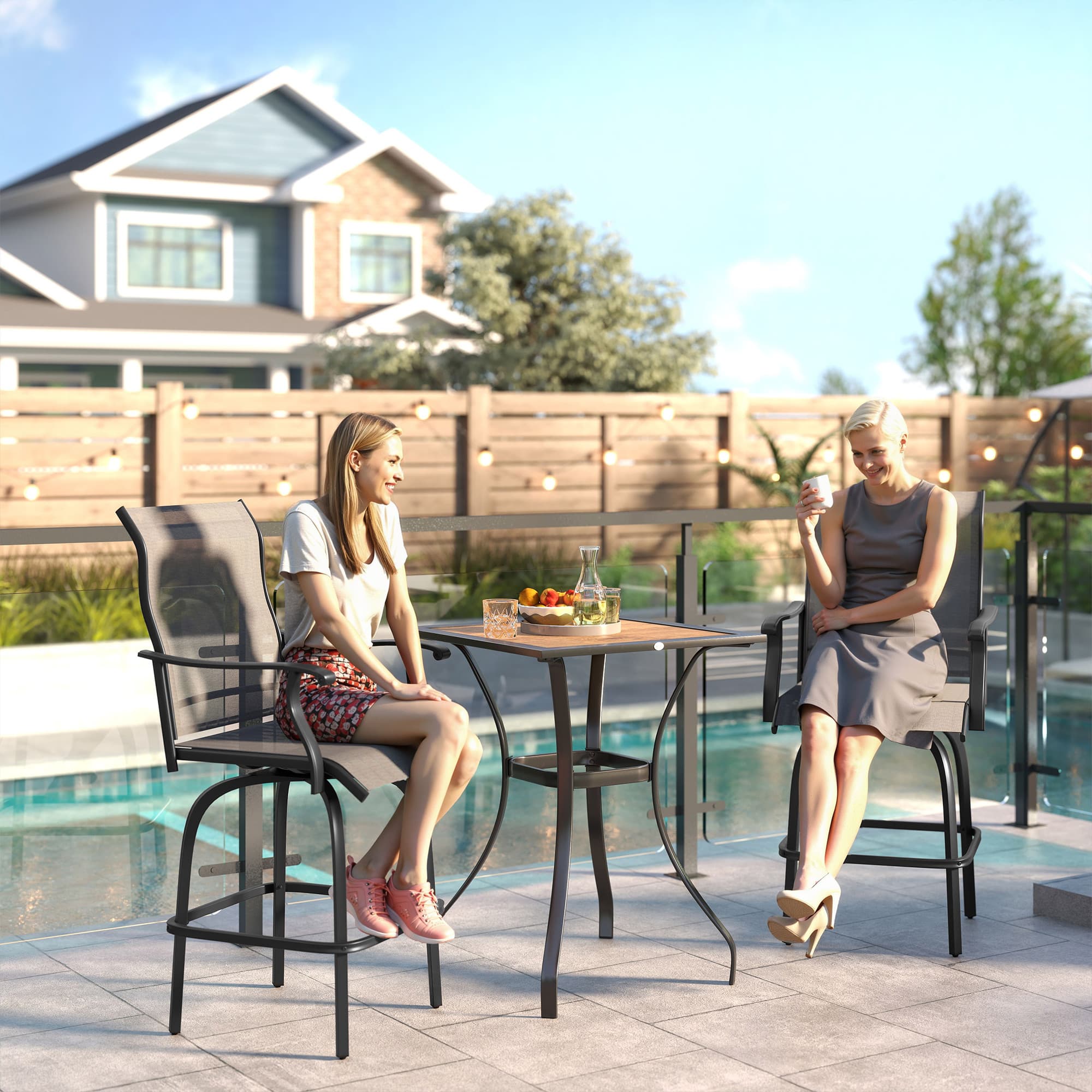 Outsunny Outdoor Bar Stools Set of 2, Swivel Bar Height Chairs with High Back, Curved Armrests and Steel Frame, Light Grey | Aosom Canada