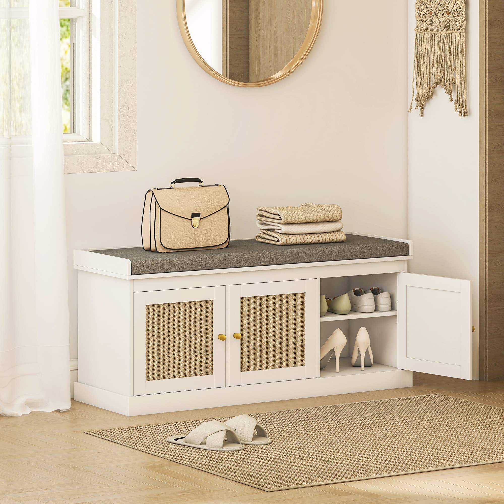 HOMCOM Shoe Storage Bench with Woven Rattan Doors, Shoe Bench with Cushion, Adjustable Shelves, Entryway Bench, White | Aosom Canada