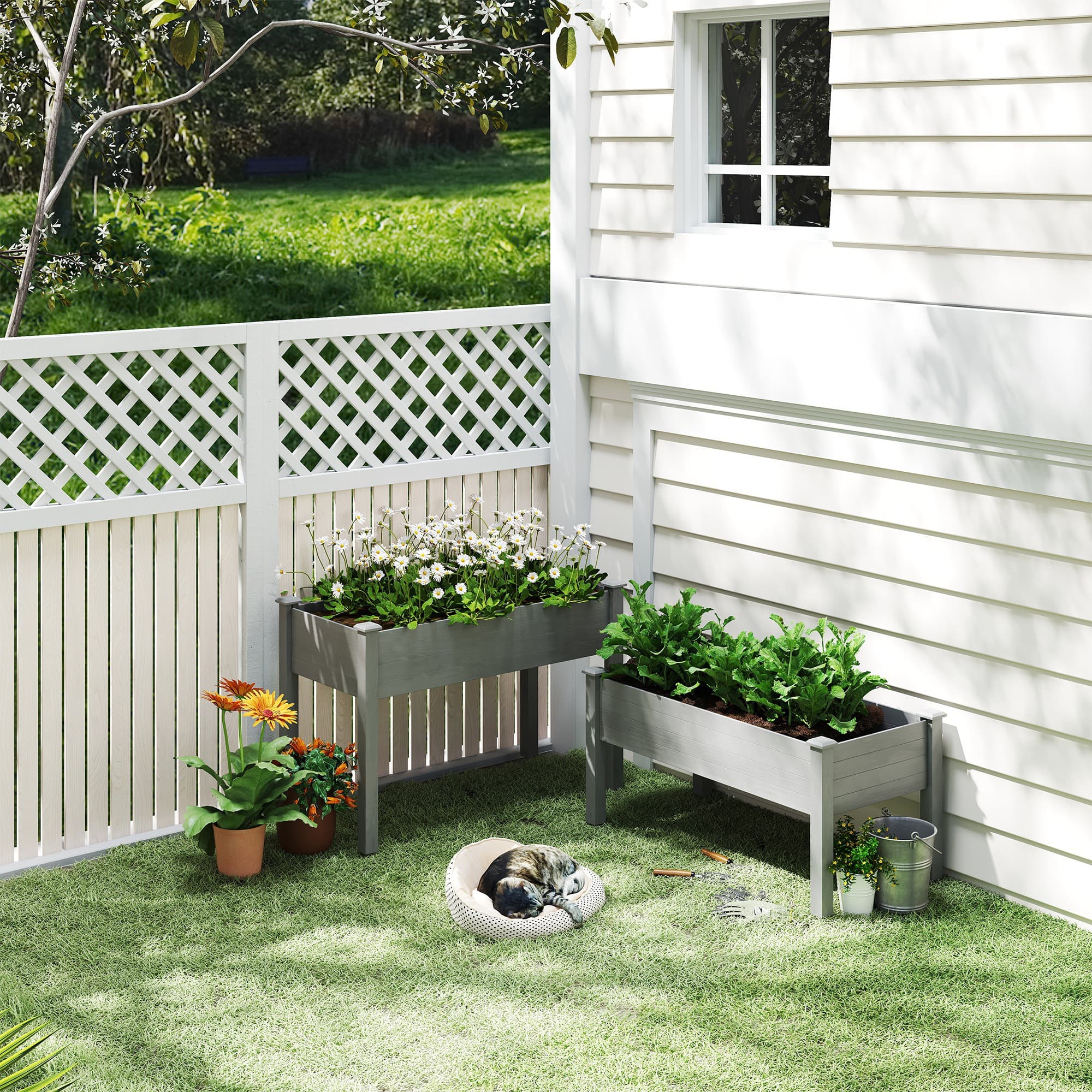 Outsunny Wood Plant Raised Bed 2 Tiers Flower Vegetable Herb Grow Box Stand Garden Grey | Aosom Canada