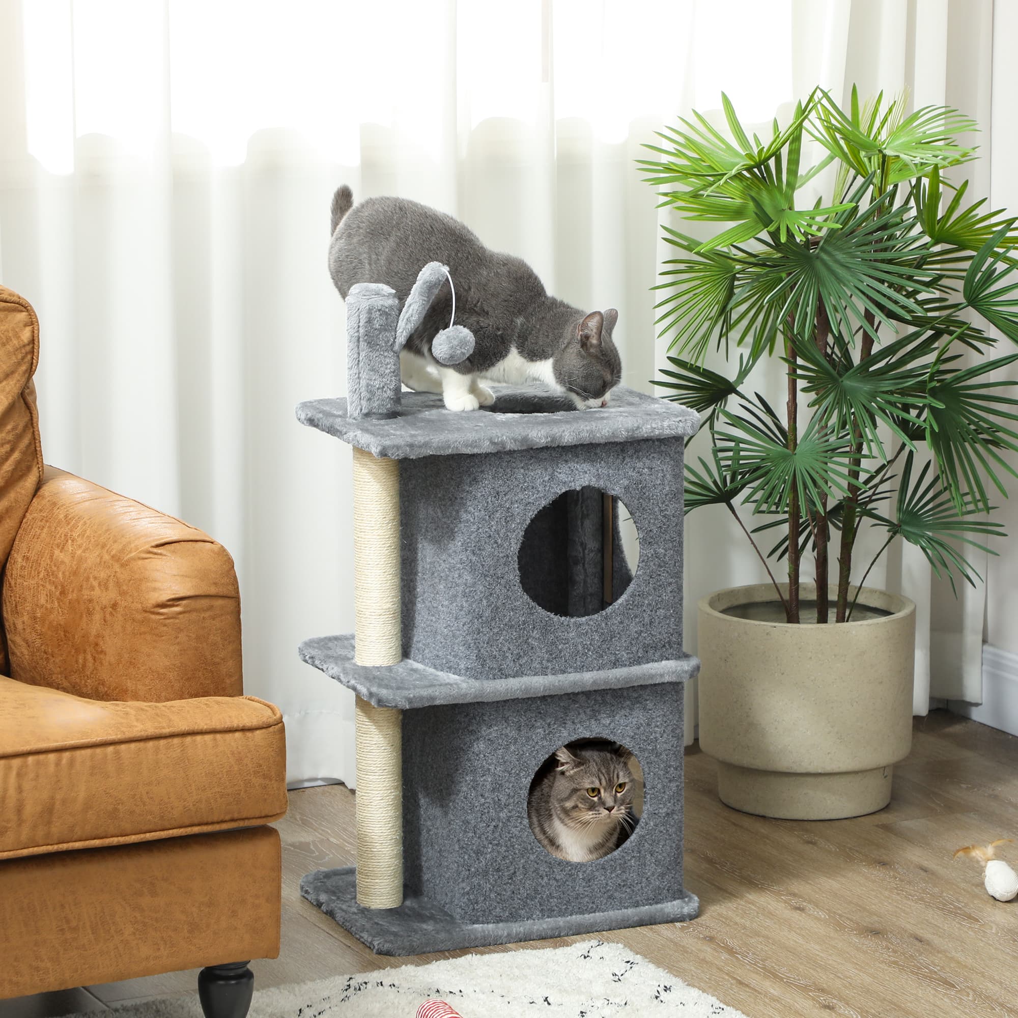 PawHut 31.5" Cat Tree, Multi-Level Cat Tower with 2 Condos and Soft Plush Perches for 1-2 Cats, Grey | Aosom Canada