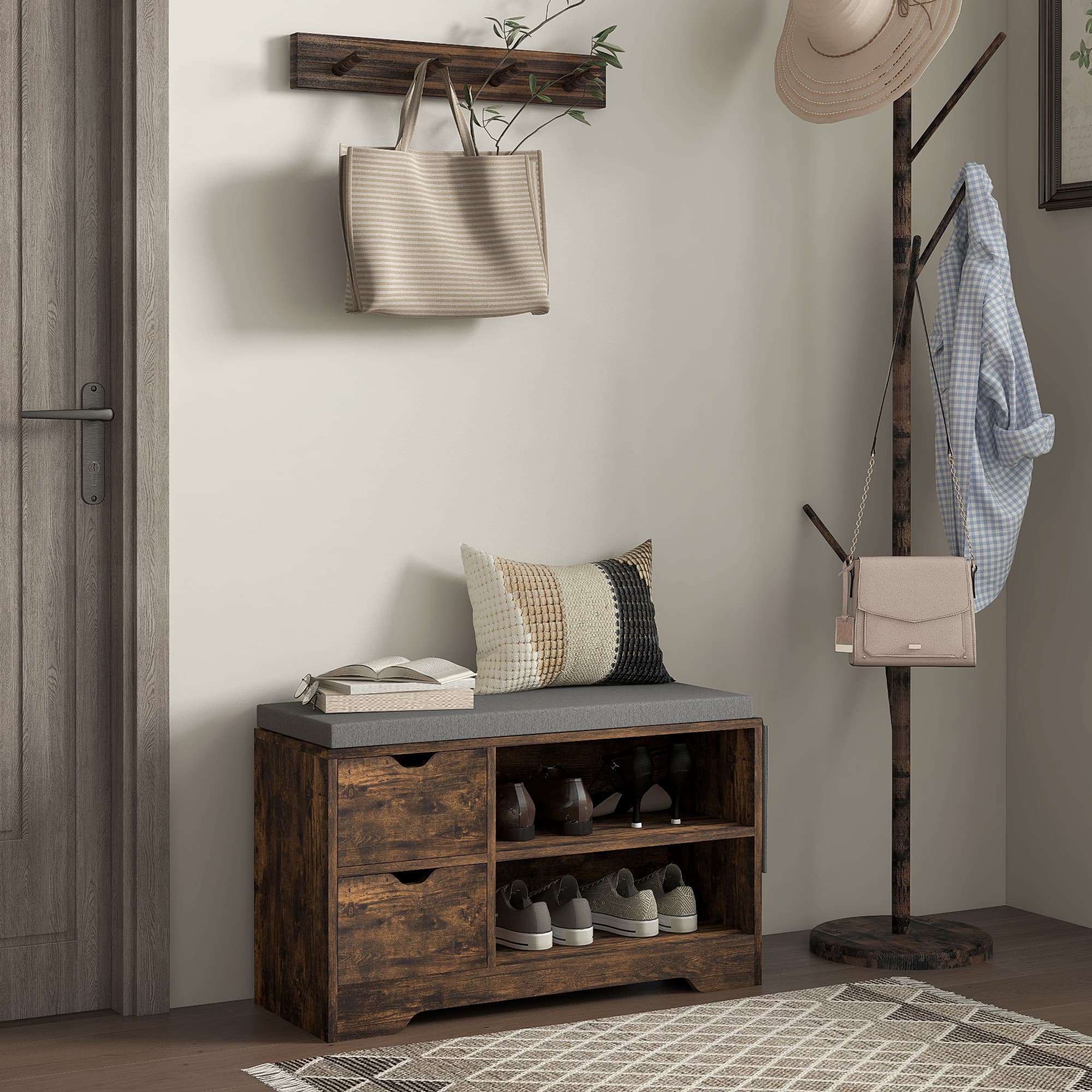 HOMCOM Upholstered Shoe Storage Bench w/ Seat, Entrance Bench w/ Drawer Open Shelves and Pocket for Hallway, Rustic Brown | Aosom Canada