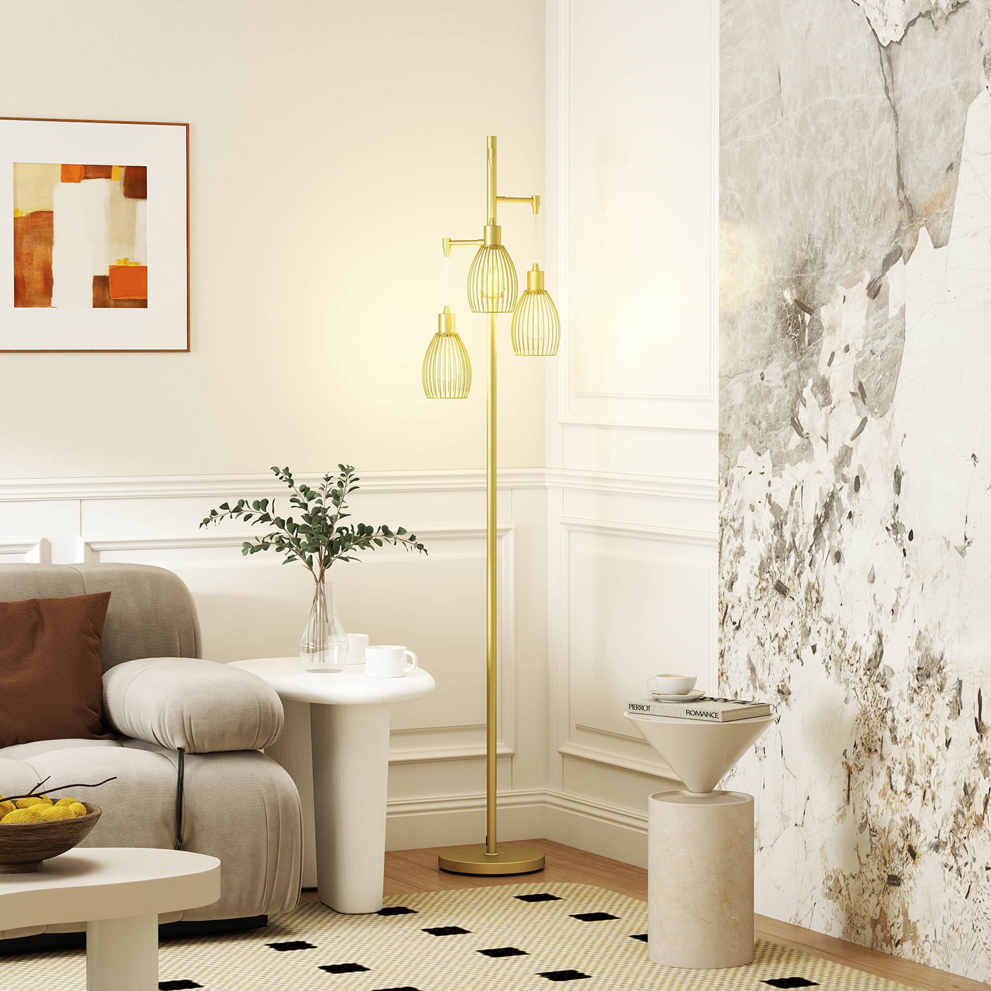 HOMCOM Industrial Floor Lamp with 3 Hanging Wire Lampshades, Dimmable Standing Lamp for Living Room, Gold | Aosom Canada