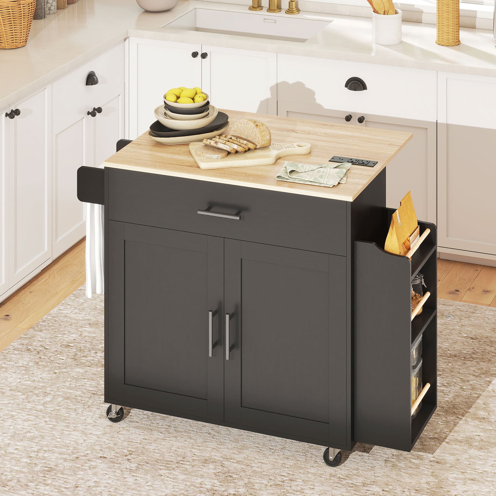 HOMCOM Kitchen Island with Storage, Rolling Kitchen Cart with Foldable Drop Leaf, Power Outlet and USB Ports, Black | Aosom Canada