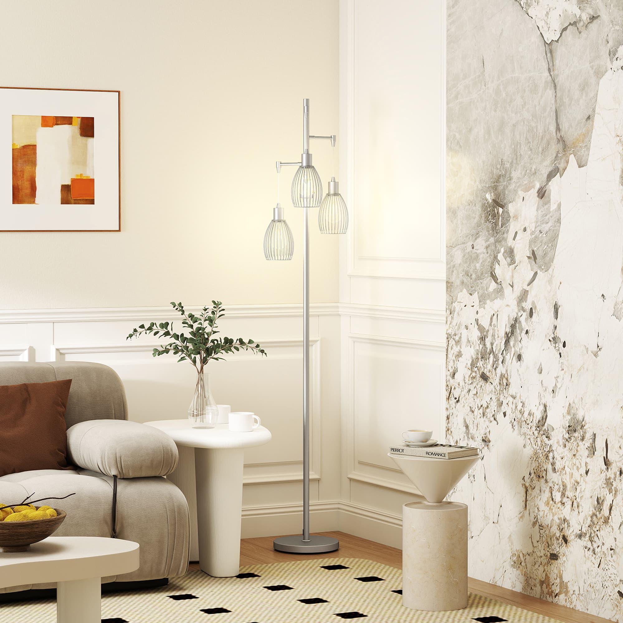 HOMCOM Industrial Floor Lamp with 3 Hanging Wire Lampshades, Dimmable Standing Lamp for Living Room, Silver | Aosom Canada
