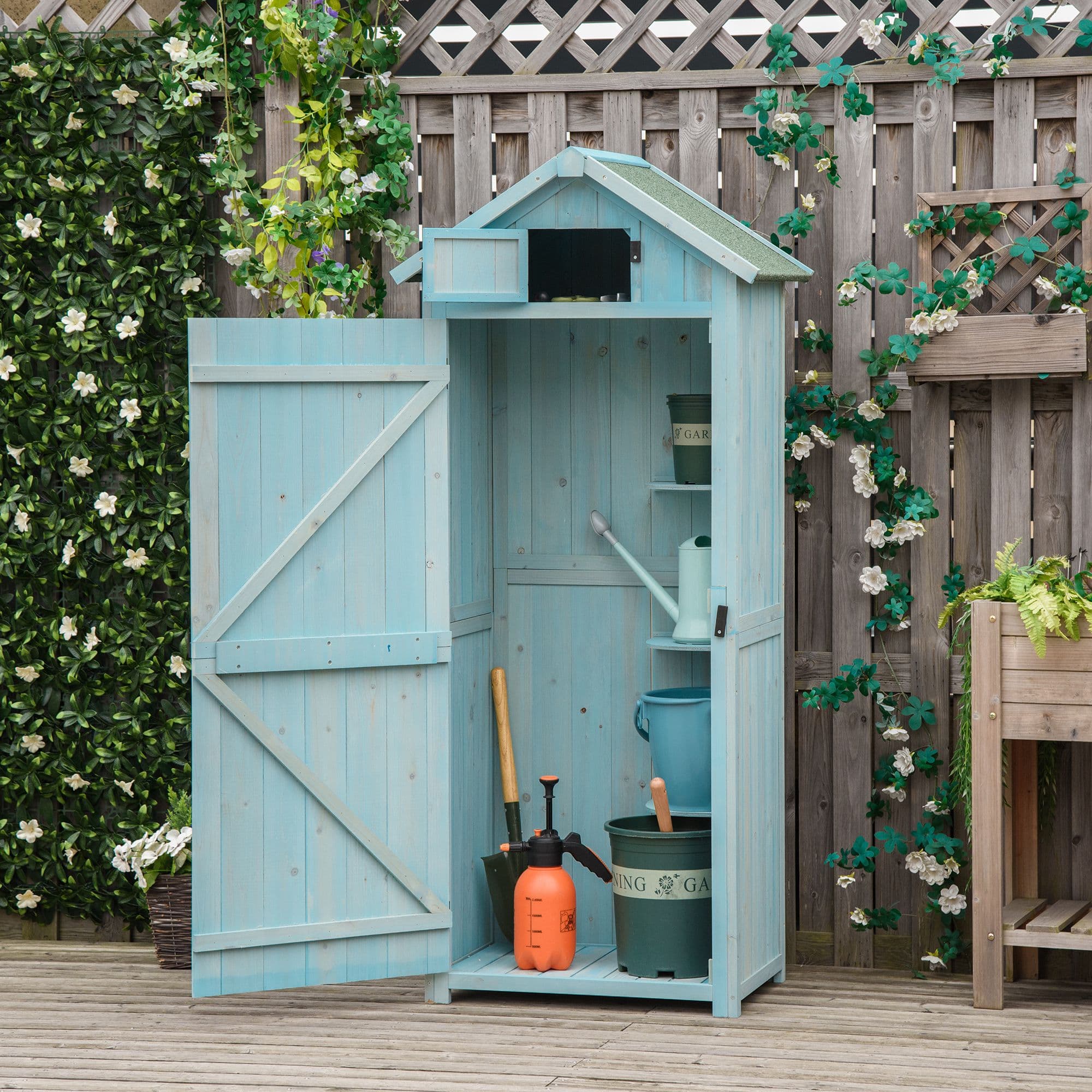 Outsunny 30" x 21" x 71" Garden Storage Shed, Outdoor Tool Utility Storage House with 3 Tier Shelves and Roof, Blue | Aosom Canada