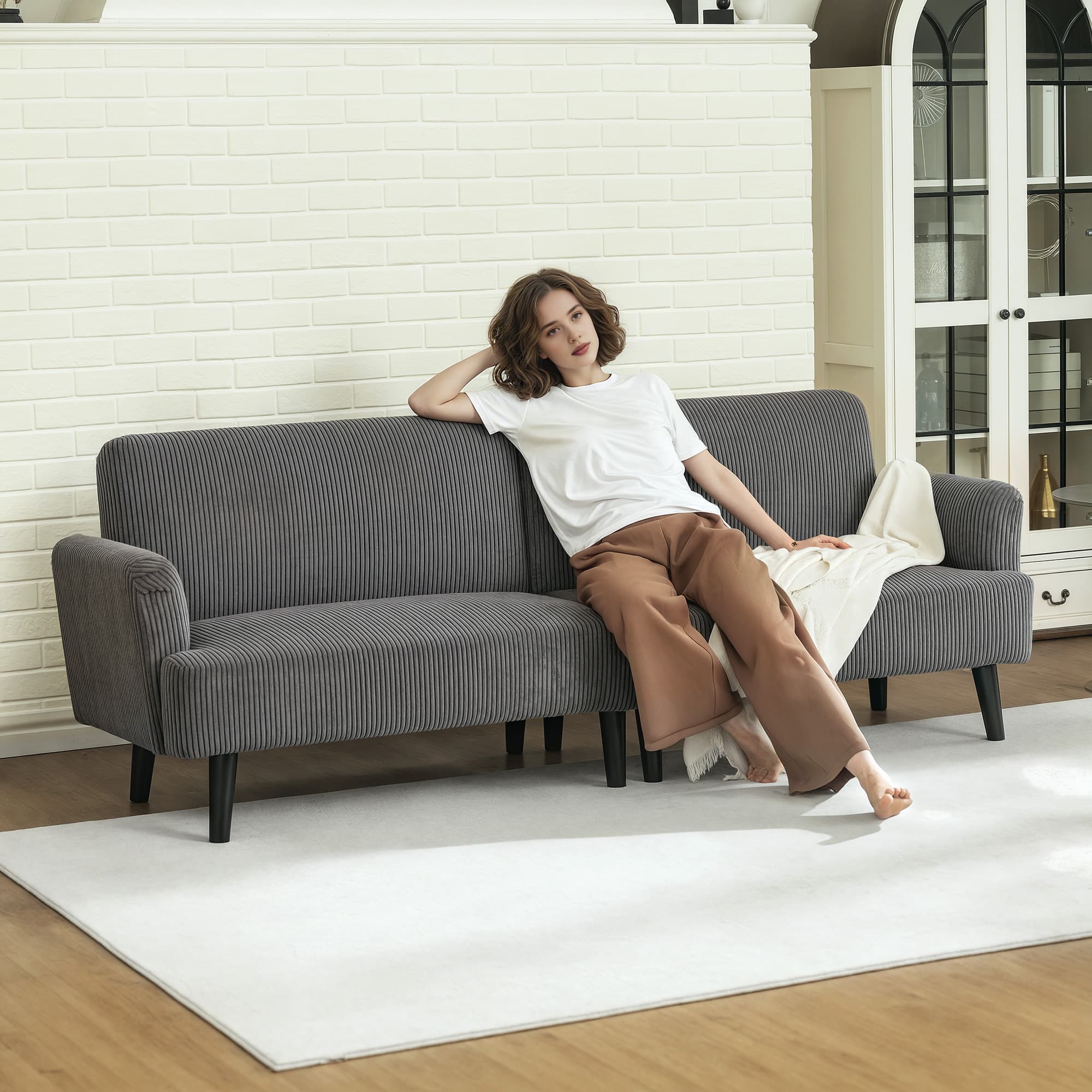 HOMCOM Modern Couch, 3 Seater Sofa, Corduroy Small Loveseat Sofa with Rubberwood Legs and Extra-Wide Seat, Grey | Aosom Canada