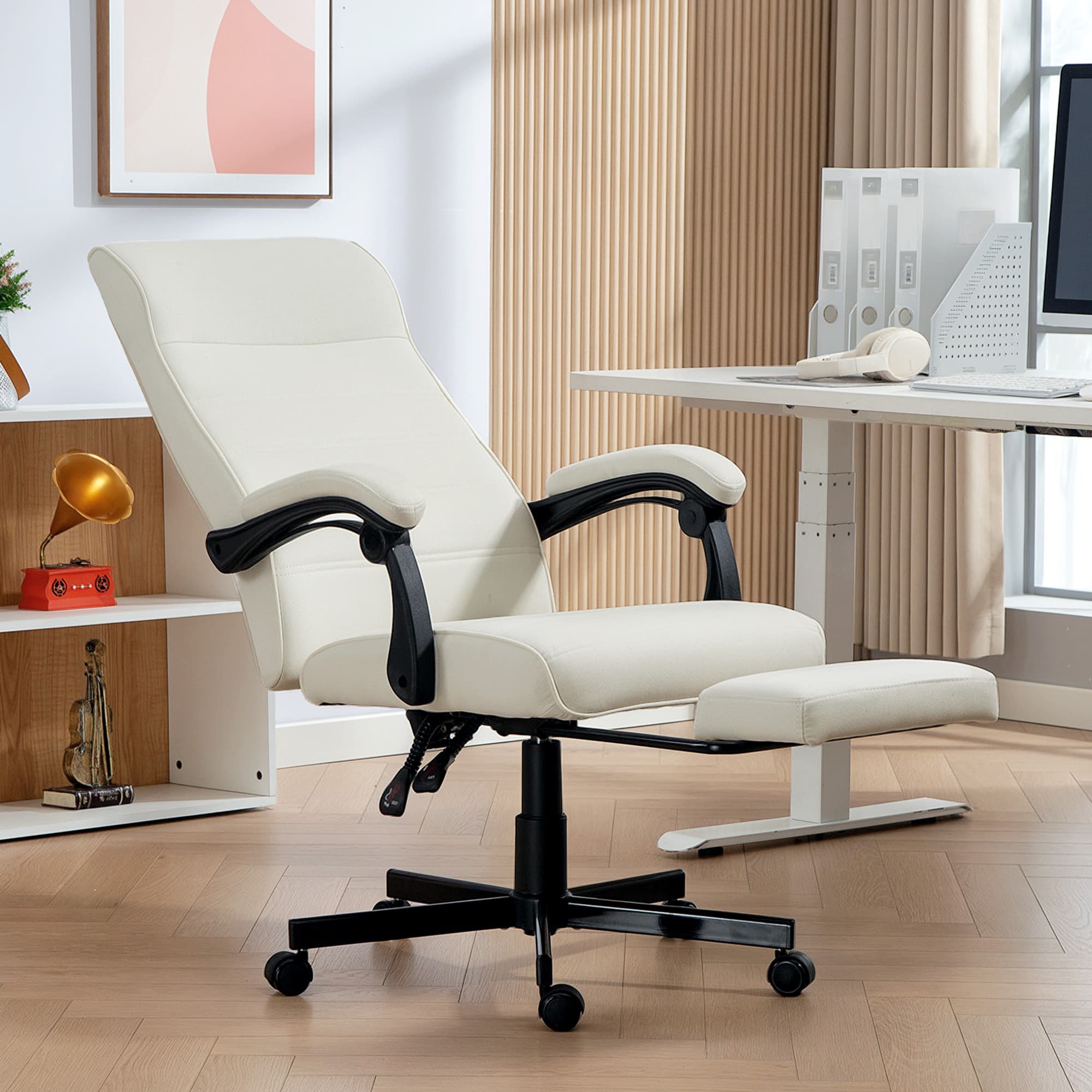 Vinsetto Office Chair, High Back Desk Chair, Swivel Recliner with Adjustable Height, Footrest and Padded Armrest, Cream White | Aosom Canada