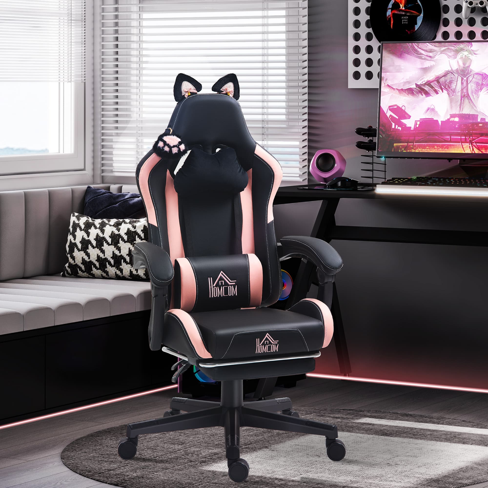 HOMCOM Cute Racing Gamer Chair, Faux Leather Gaming Chair with Footrest, Headrest and Lumbar Support, Black | Aosom Canada