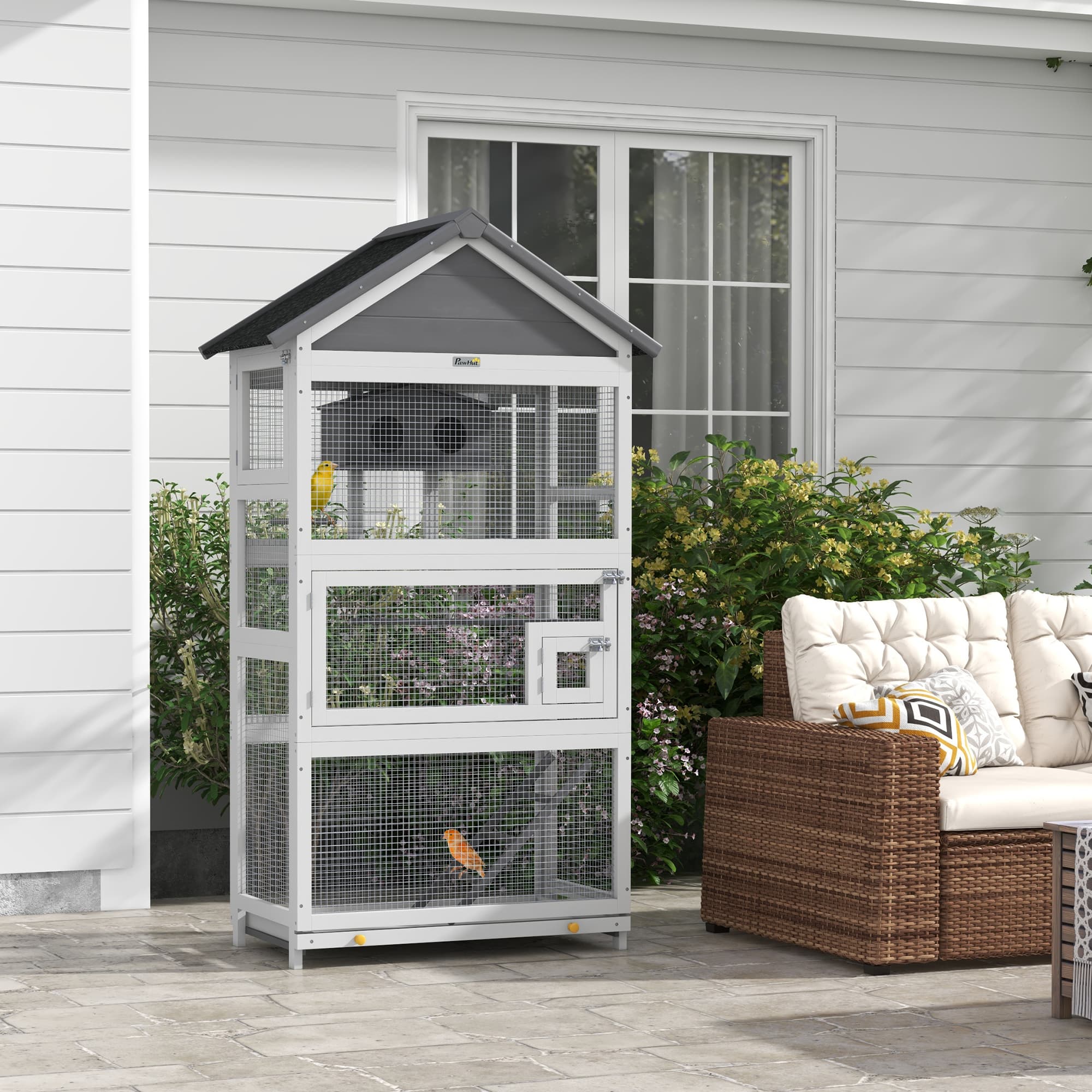 PawHut Wooden Bird Cage with Perches, Bird House, Ladder, Slide-Out Tray for Finches, Parakeets, Small Birds, Grey | Aosom Canada