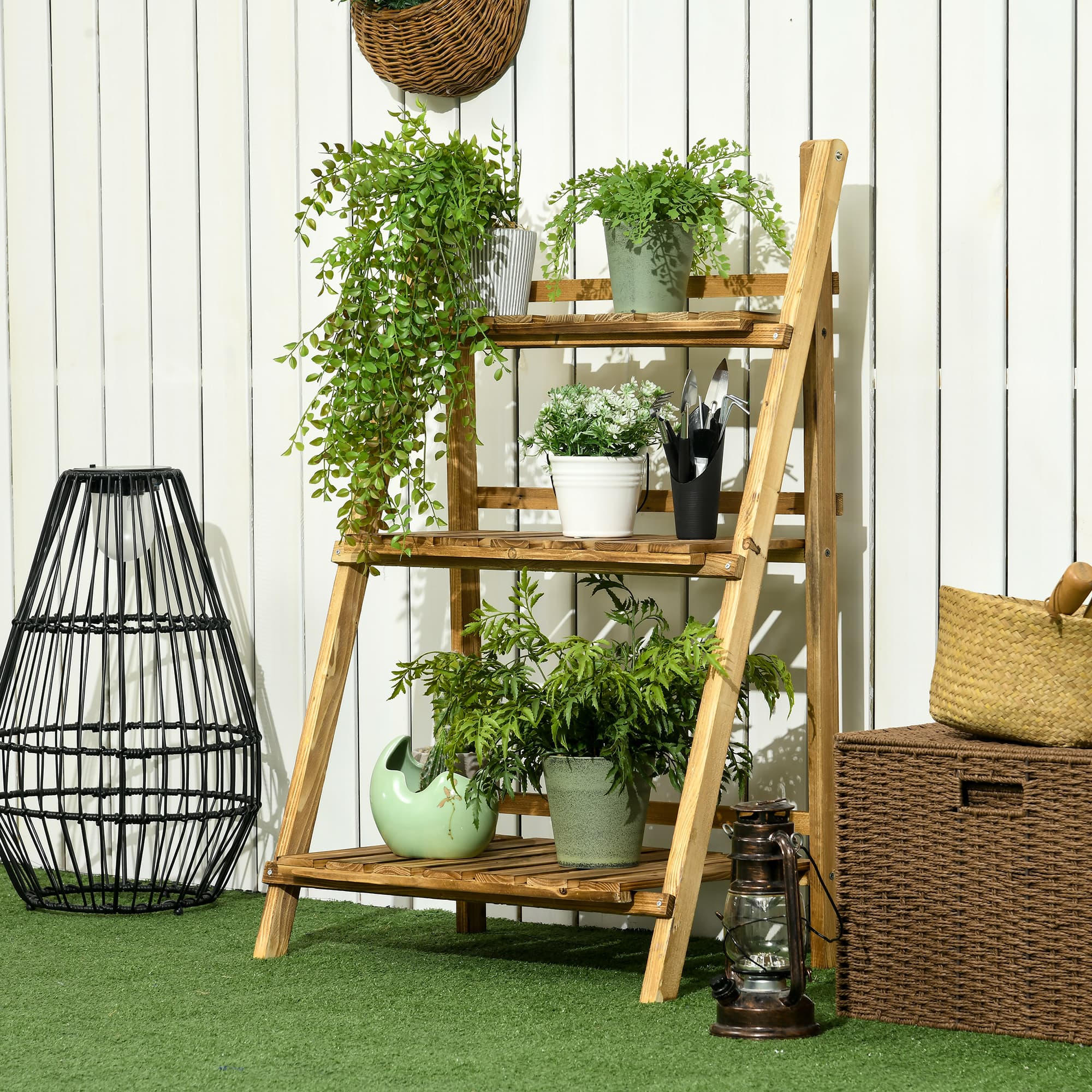Outsunny Foldable 3-Tier Wooden Plant Stand, 24"x14"x37", for Garden & Indoor Use - Display Plants Beautifully | Aosom Canada